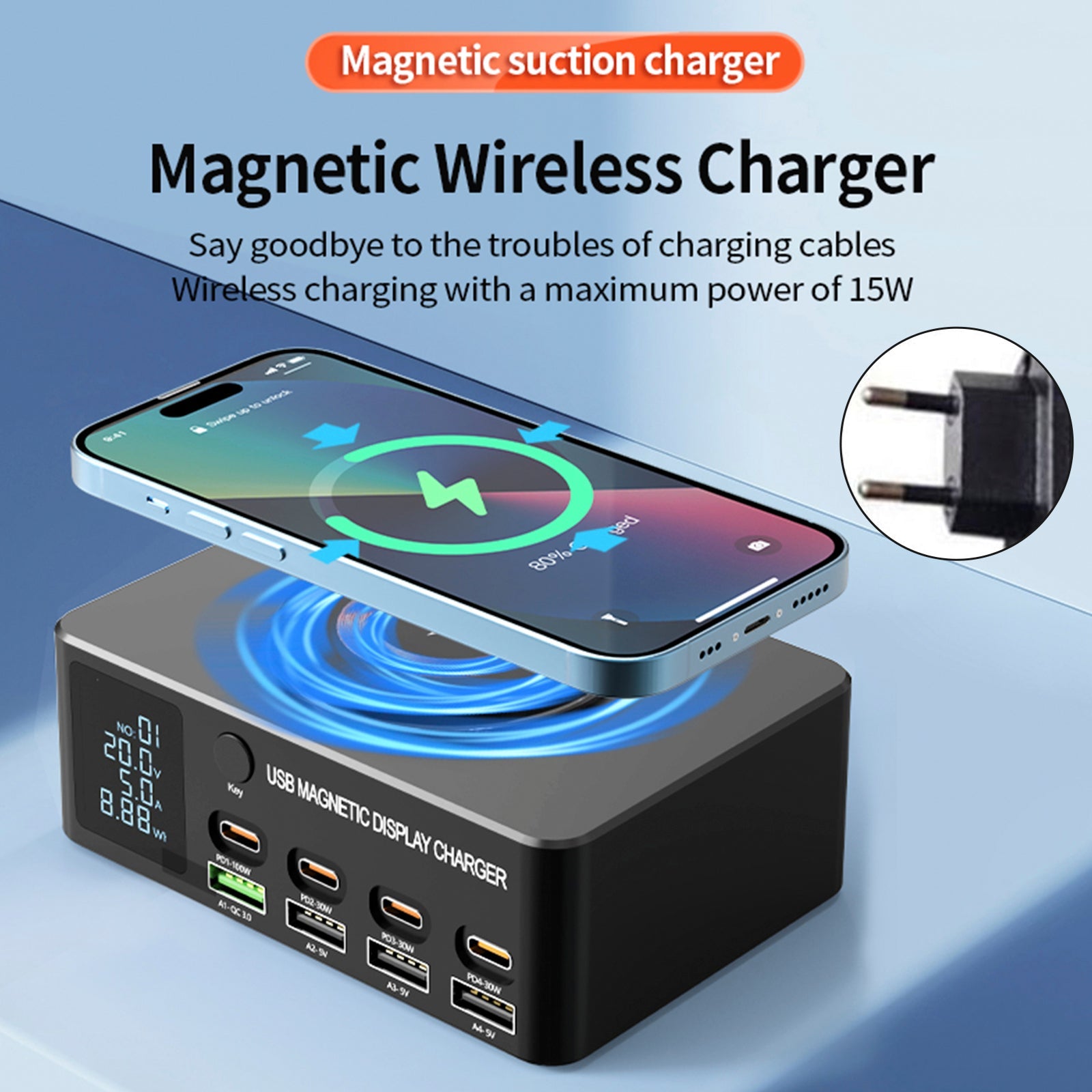 140W Fast Charging Charger Intelligent Digital Display PD100W Mobile Phone Notebook Magnetic Wireless Charging Multi-Port USB Charger EU Plug