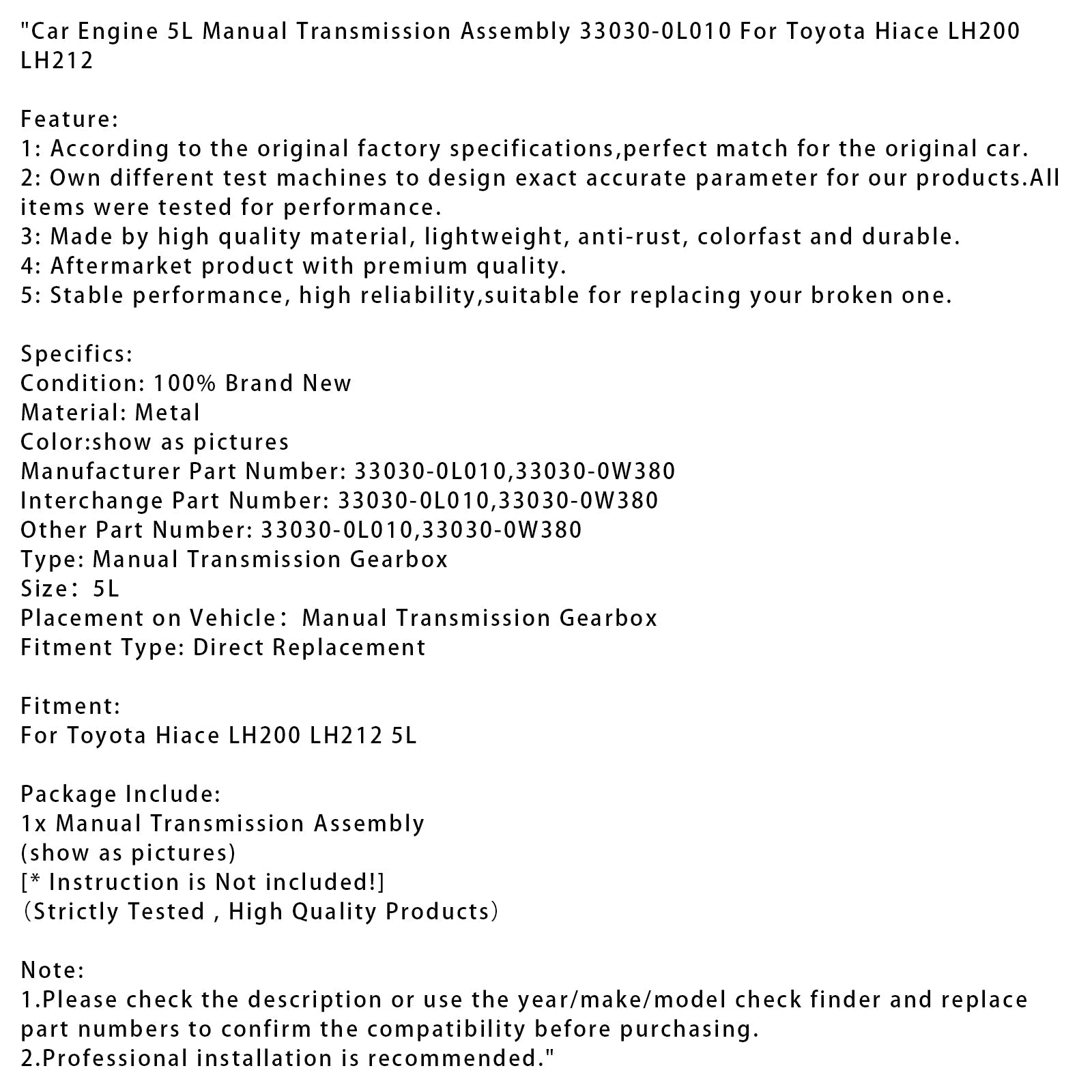 Car Engine 5L Manual Transmission Gearbox 33030-0L010 For Hiace LH200 LH212