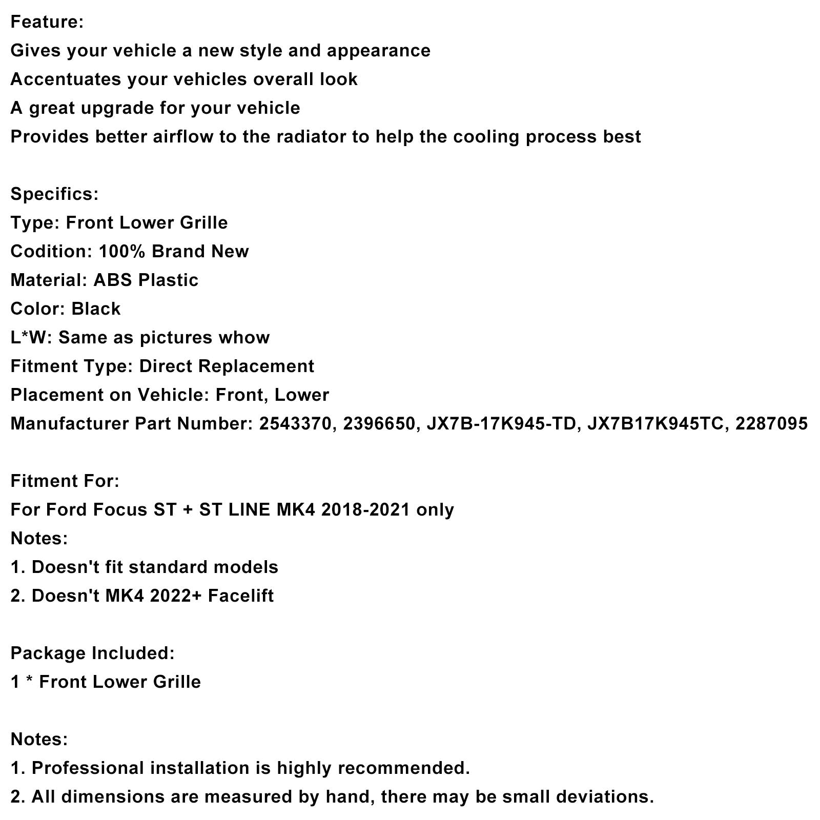 2018-2021 Ford Focus MK4 ST Front Bumper Lower Grille JX7B-17K945-TD 2543370