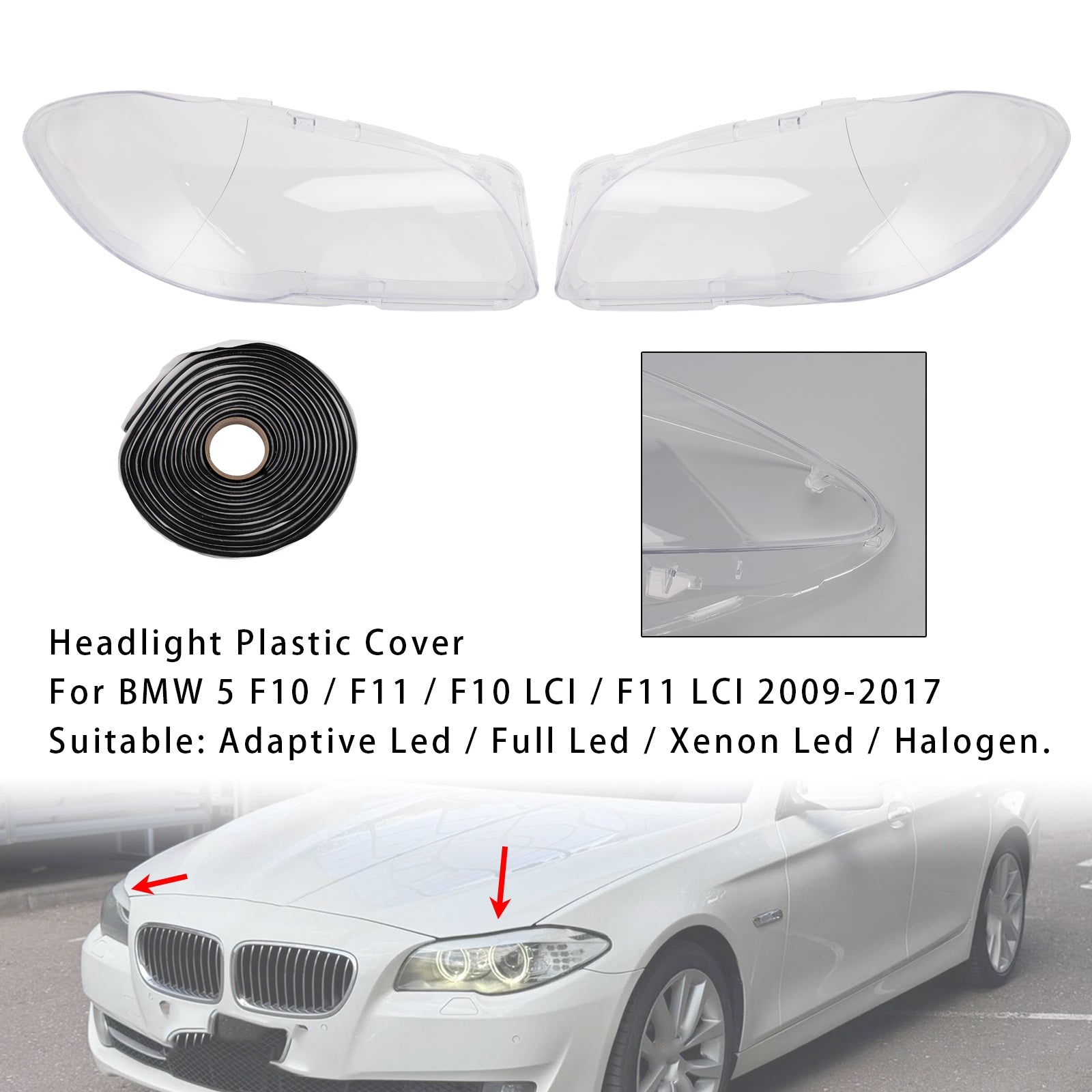 2009-2017 For BMW 5 F10 F11 Left+Right Headlight Plastic Cover with Seal Kit 171425-02 63117271912