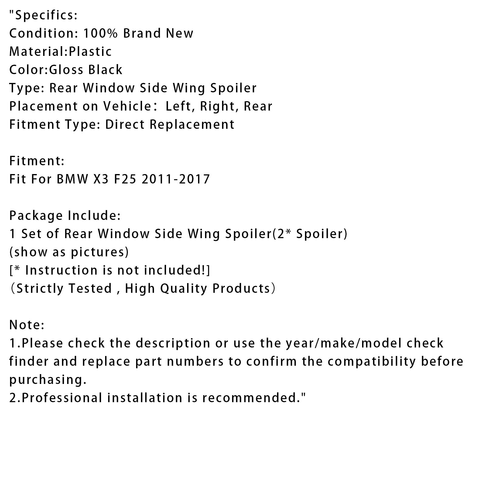 2011-2017 BMW X3 F25 Gloss Black Pair Rear Window Side Wing Spoiler