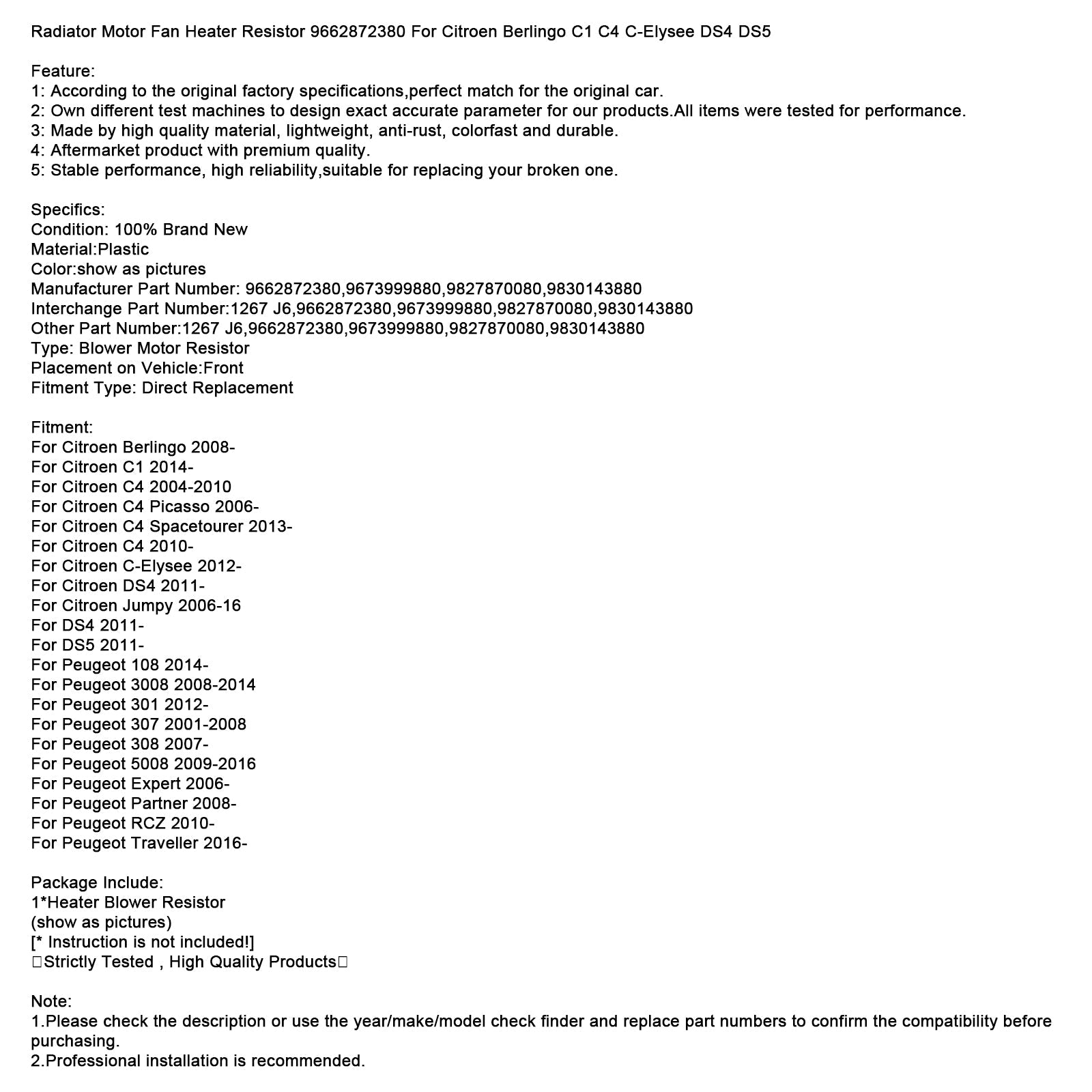 Radiator Motor Fan Heater Resistor 9662872380 For Citroen Berlingo C-Elysee