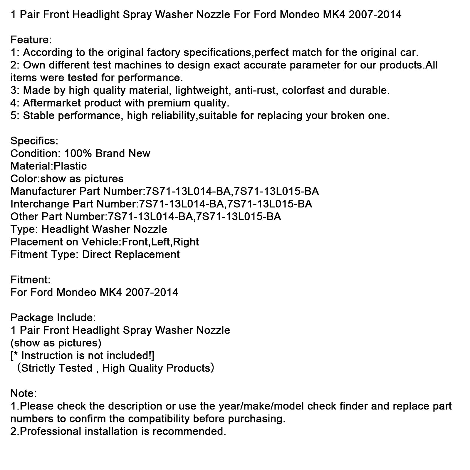 2007-2014 Ford Mondeo MK4 1 Pair Front Headlight Spray Washer Nozzle