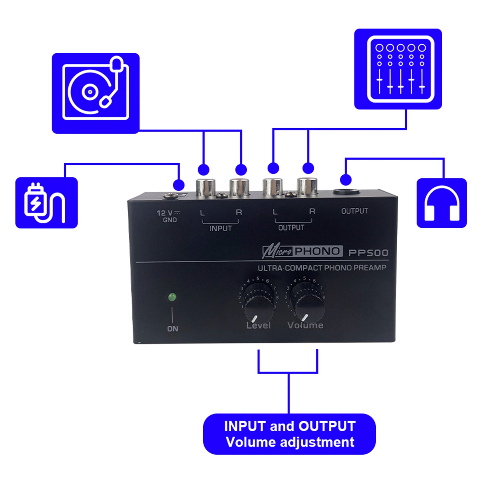 PP500 Phono Preamp Preamplifier with Level Volume Control for LP Vinyl Turntable