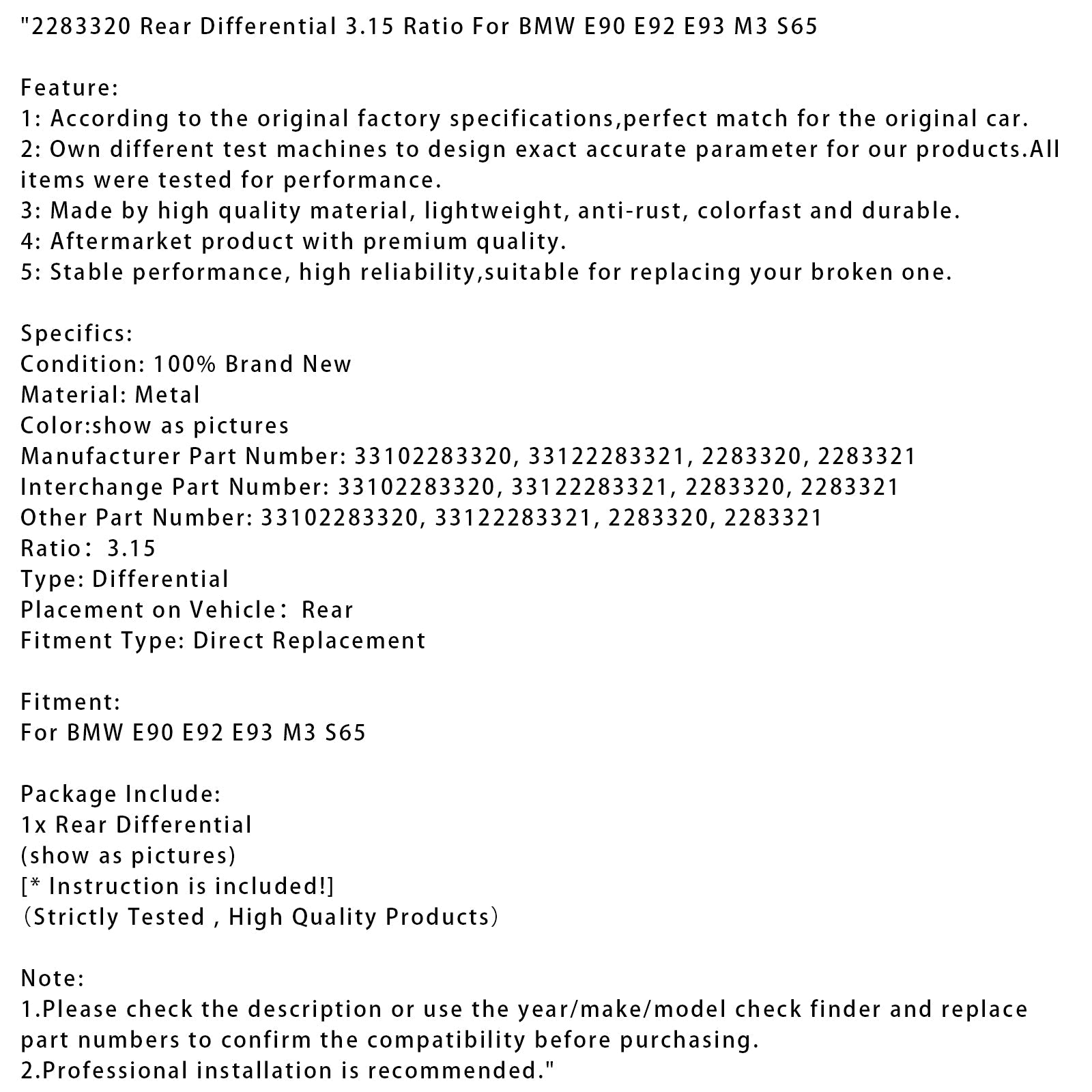 BMW E90 E92 E93 M3 S65 Rear Differential 3.15 Ratio 2283320
