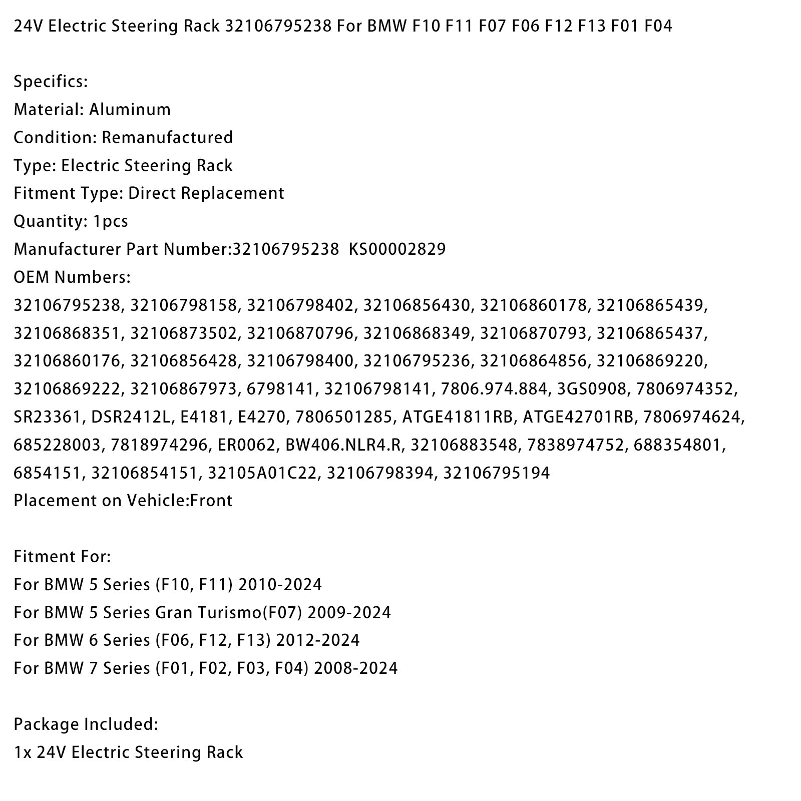 2008-2024 BMW 7 Series (F01, F02, F03, F04) 24V Electric Steering Rack 32106795238 32106798402