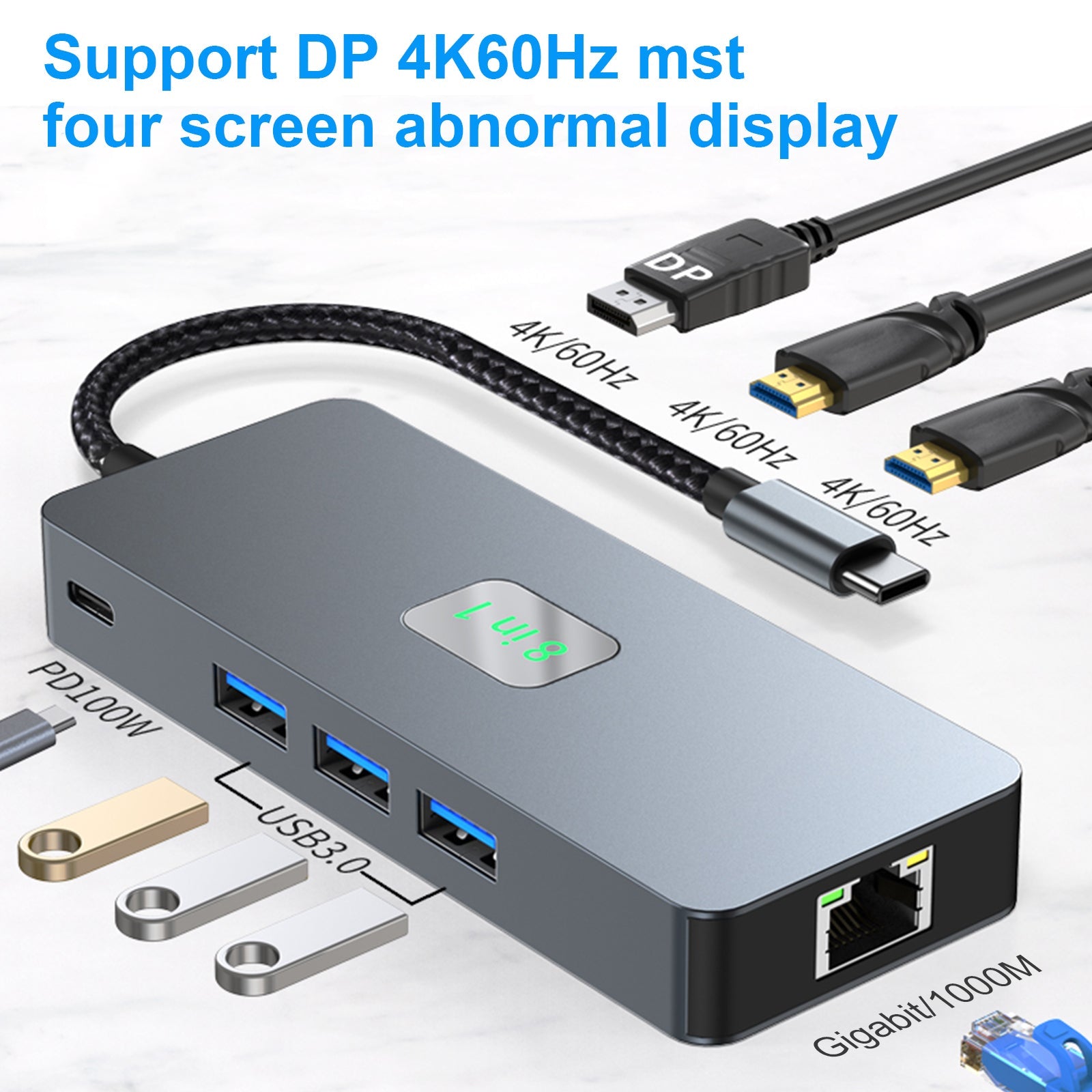 8 in 1 TYPE-C to RJ45 Gigabit USB 3.0 HDMI DP PD100W Interface Hub for MacBook