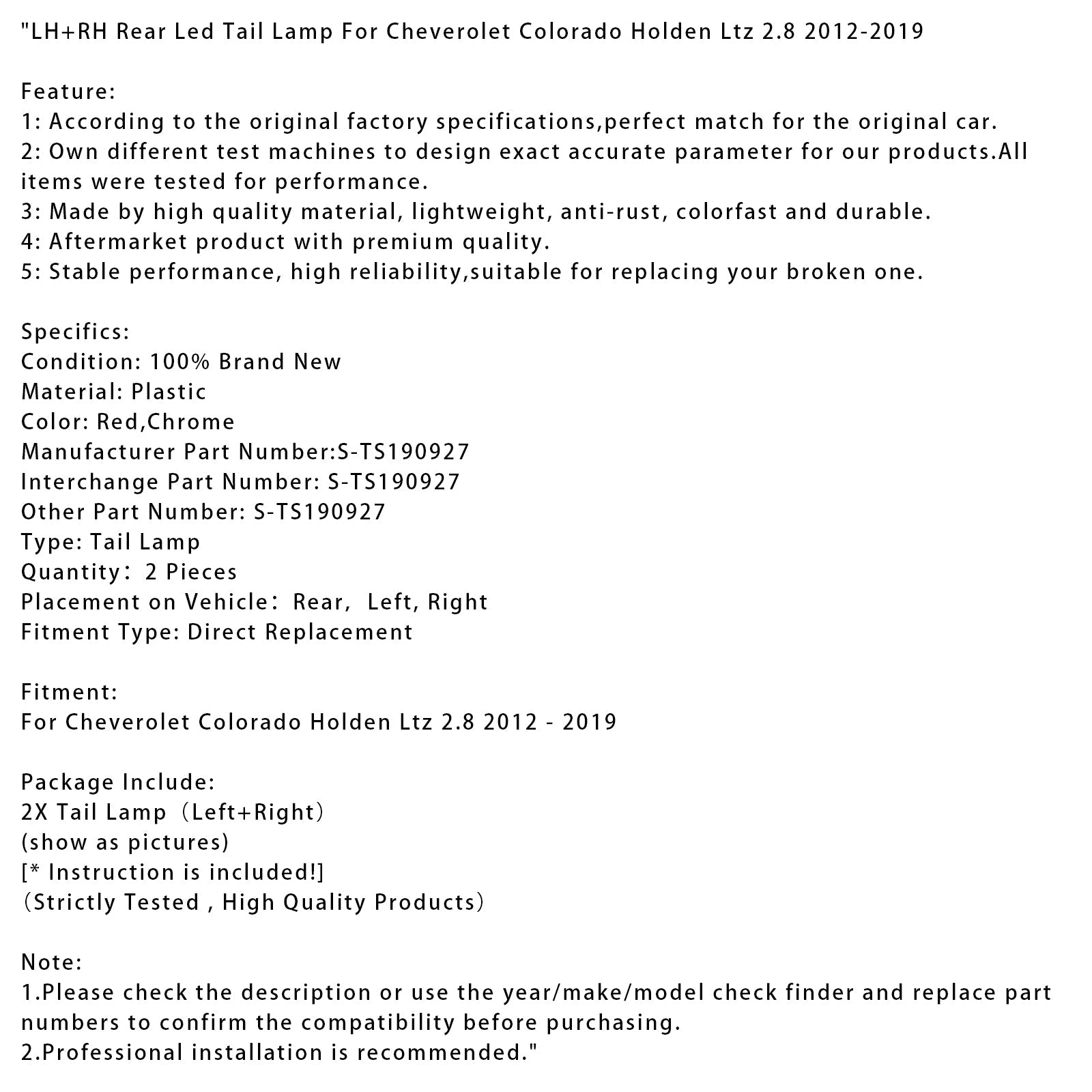 2012-2019 Cheverolet Colorado Holden Ltz 2.8 LH+RH Rear Led Tail Lamp