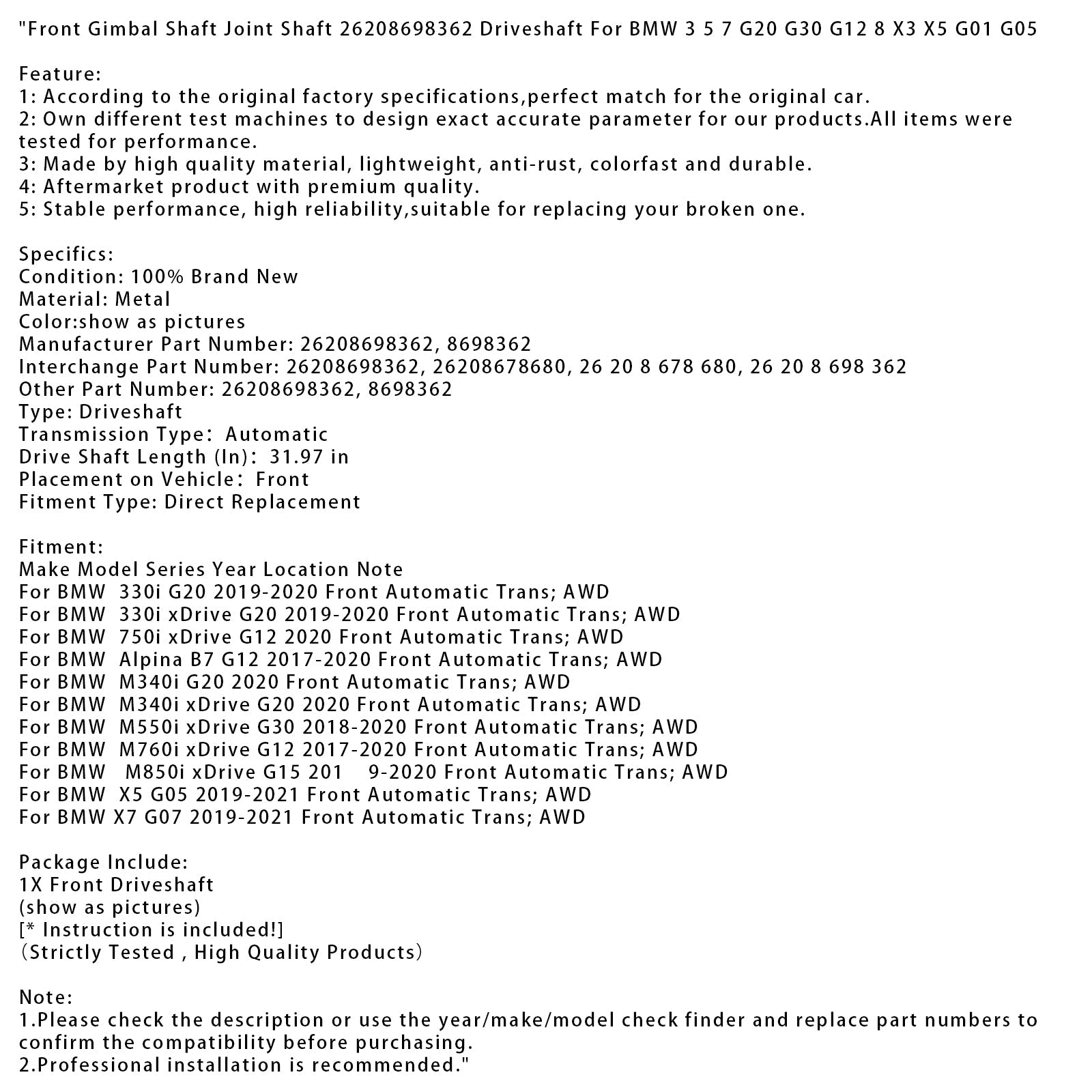 2018-2020 BMW M550i xDrive G30 Front Automatic Trans AWD Front Gimbal Shaft Joint Shaft 26208698362 Driveshaft