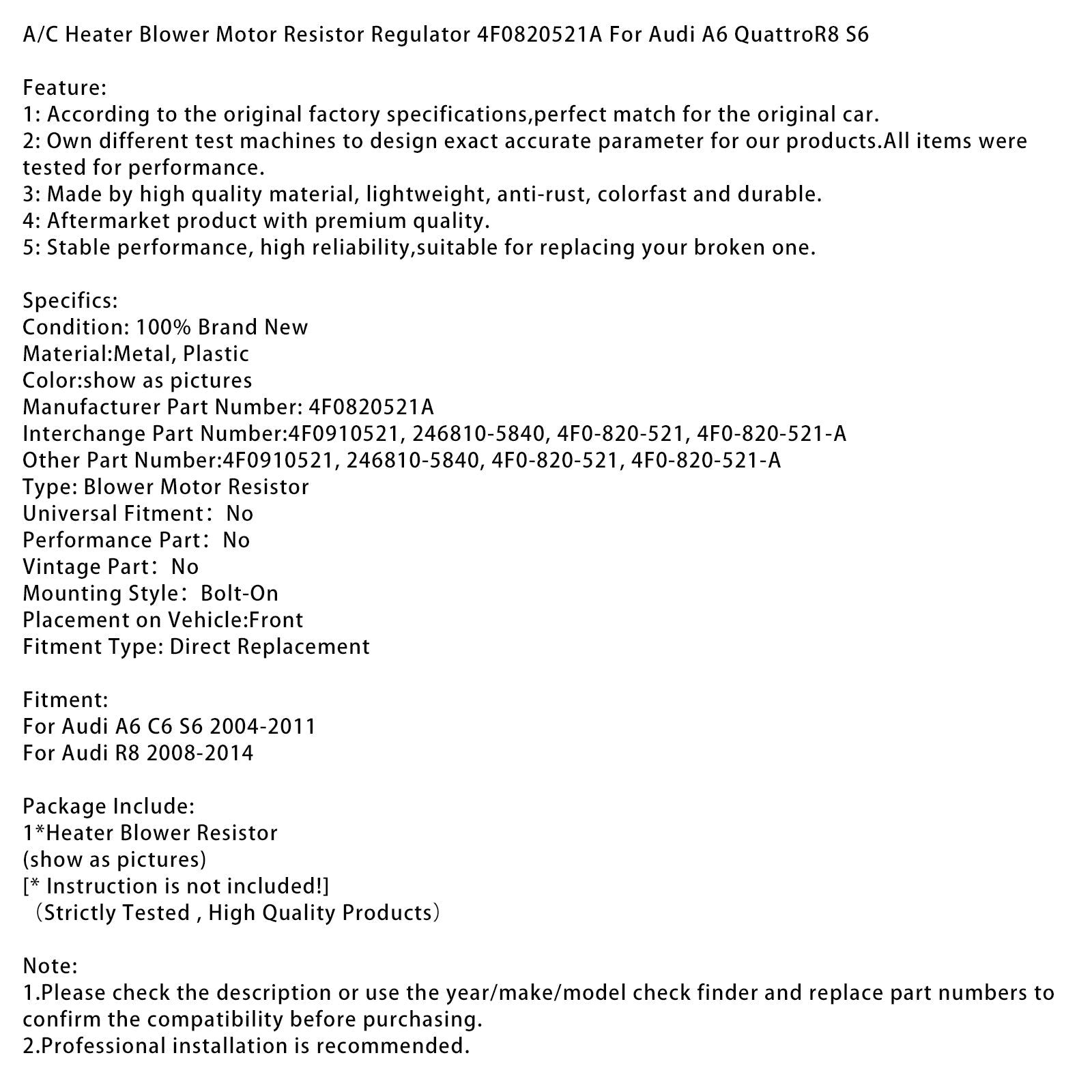 A/C Heater Blower Motor Resistor Regulator 4F0820521A For Audi A6 QuattroR8 S6