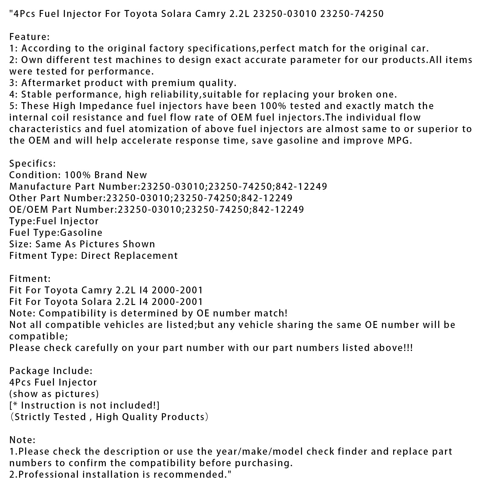4Pcs Fuel Injector For Toyota Solara Camry 2.2L 23250-03010 23250-74250