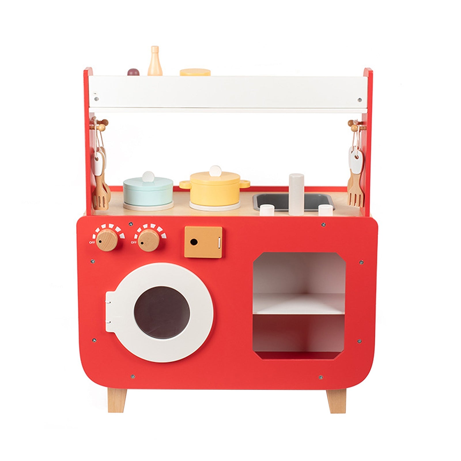 Red Play Kitchen Set Toy With Washing Machine And Oven Gift For Kid Age 3+