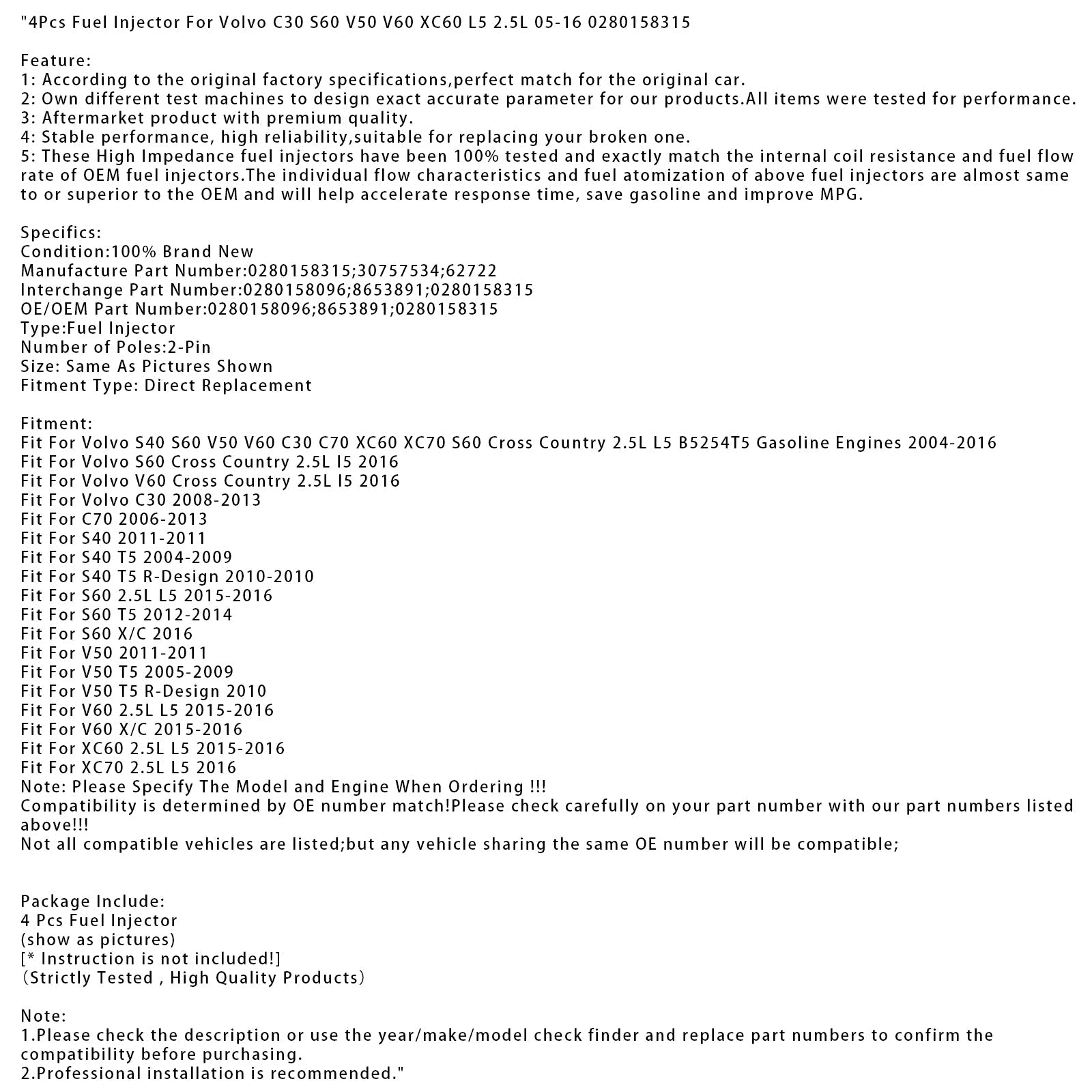 4Pcs Fuel Injector For Volvo C30 S60 V50 V60 XC60 L5 2.5L 05-16 0280158315