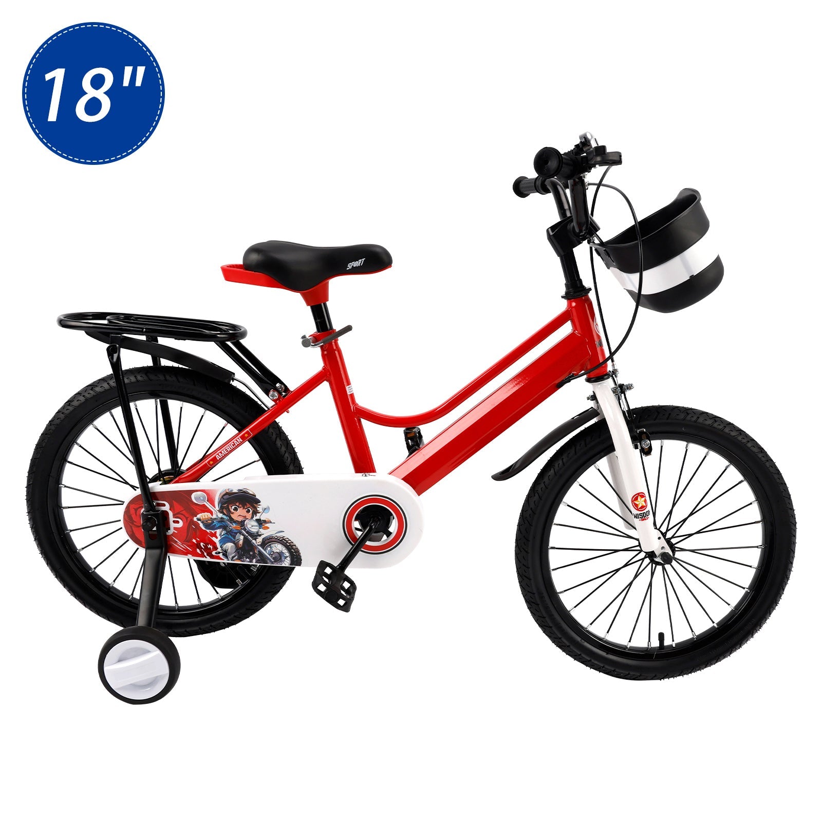 18" Kids Bike for Boys and Girls with auxiliary wheels & Rack Red