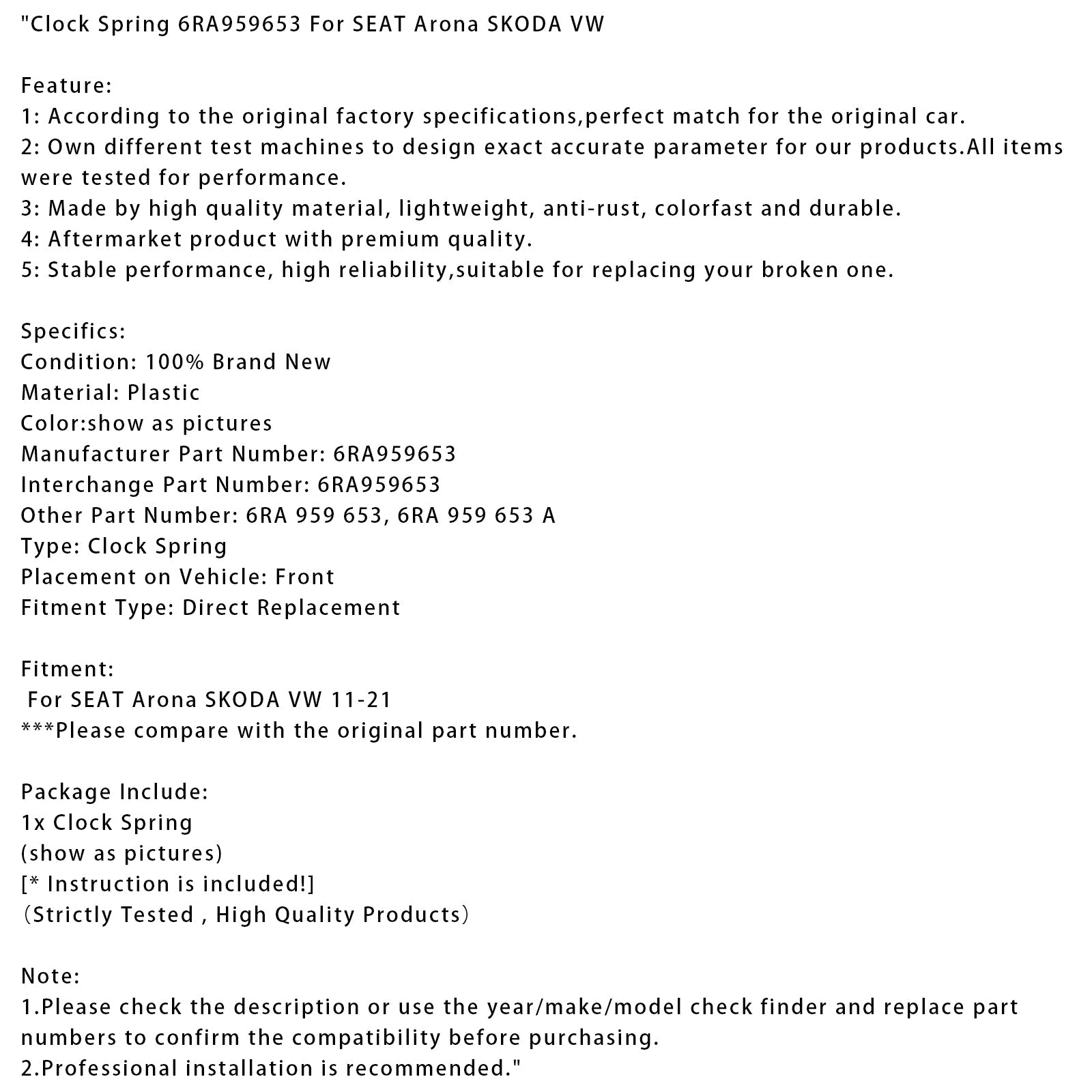 2011-2021 SEAT Arona SKODA VW Clock Spring 6RA959653