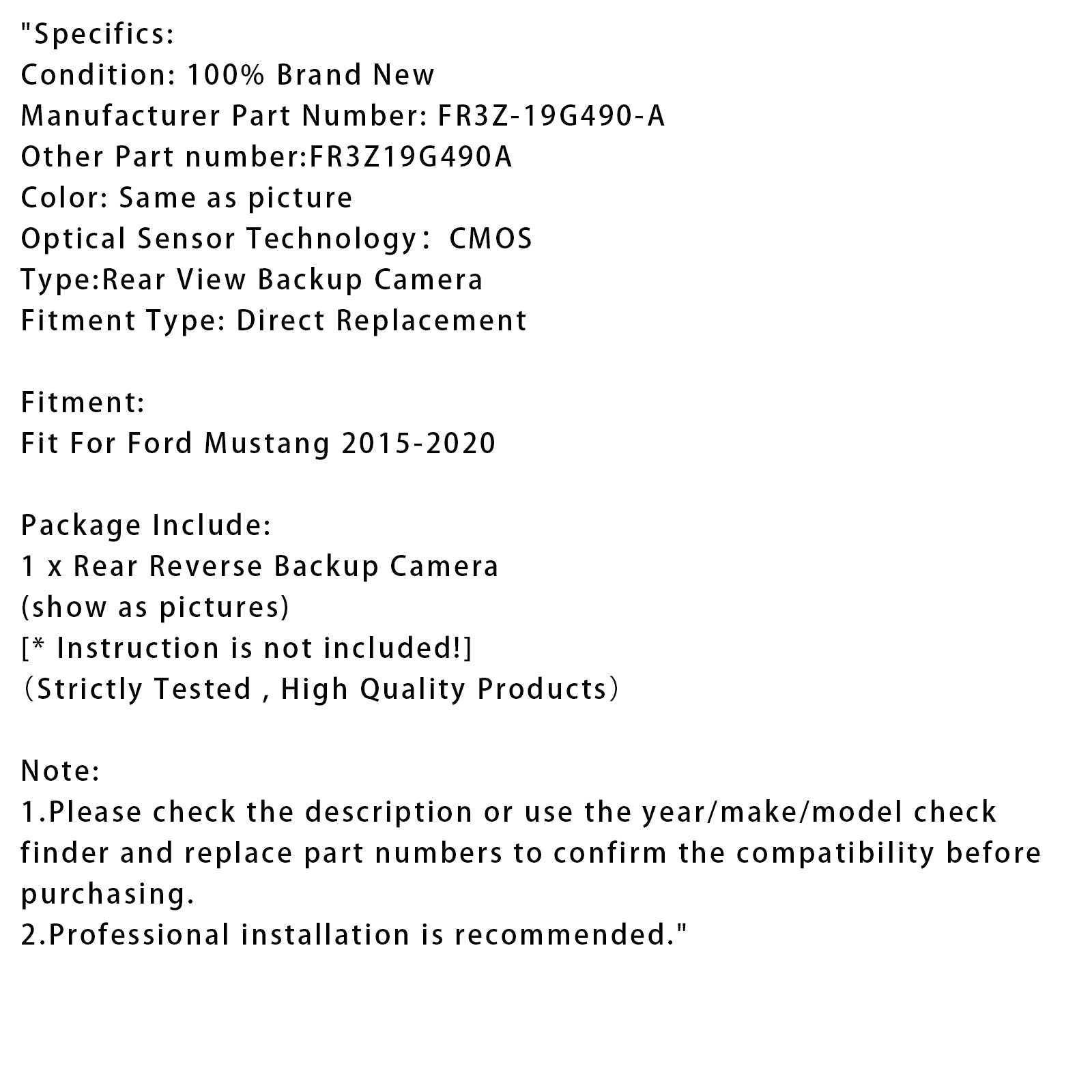2015-2020 Ford Mustang Rear Reverse Backup Camera Park Assist  FR3Z-19G490-A