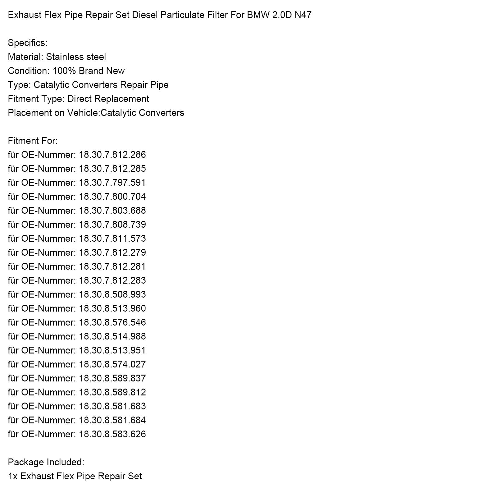 Exhaust Flex Pipe Repair Set Diesel Particulate Filter For BMW 2.0D N47