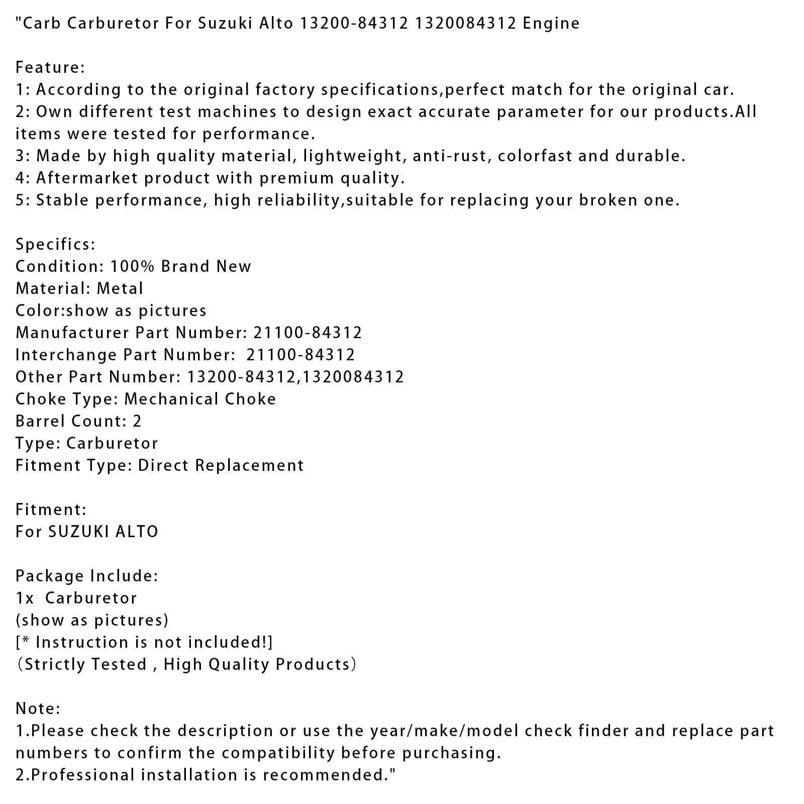 Carb Carburetor For Suzuki Alto 13200-84312 1320084312 Engine