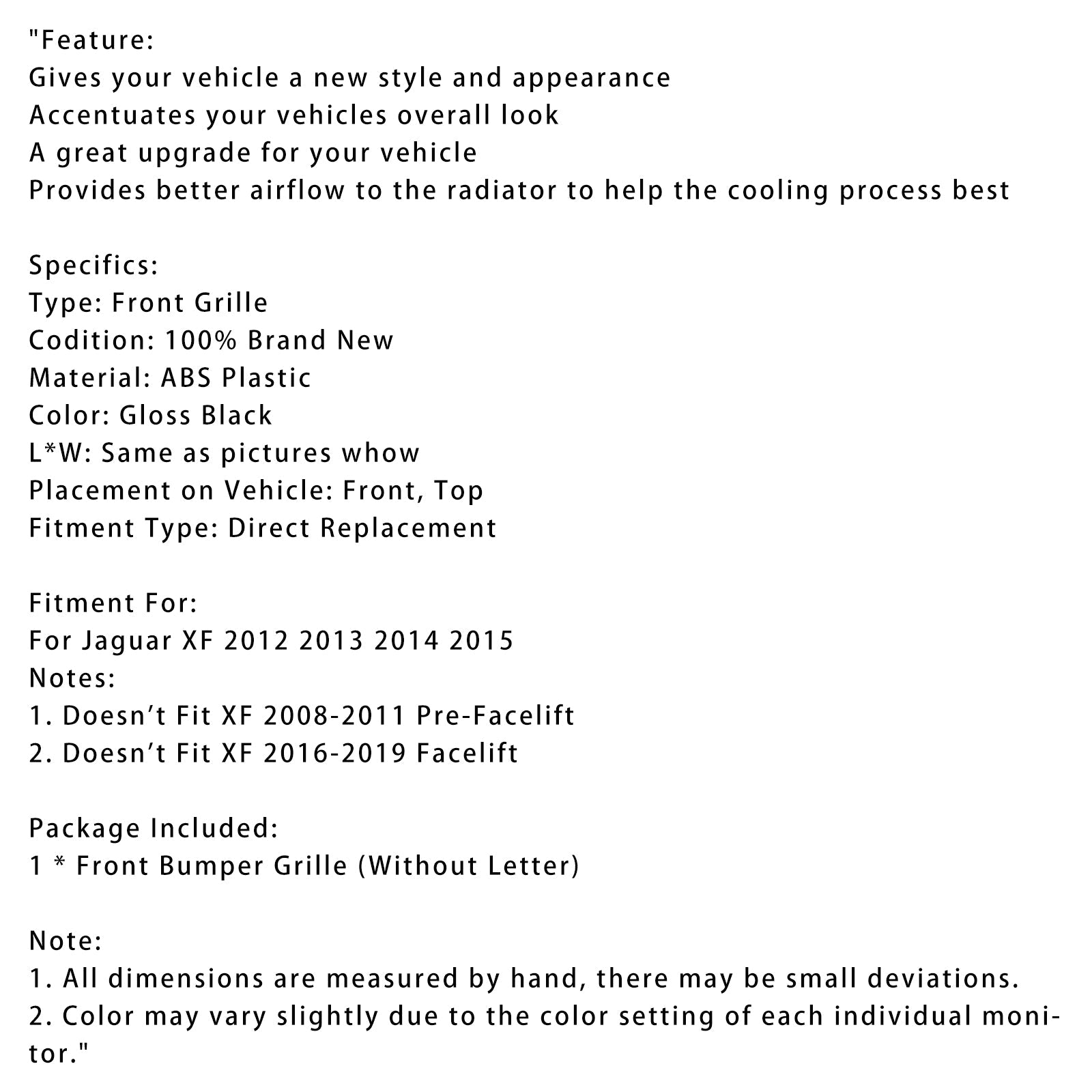 XF-R Style Front Bumper Grill Grille Fit Jaguar XF 2012-2015 Gloss Black