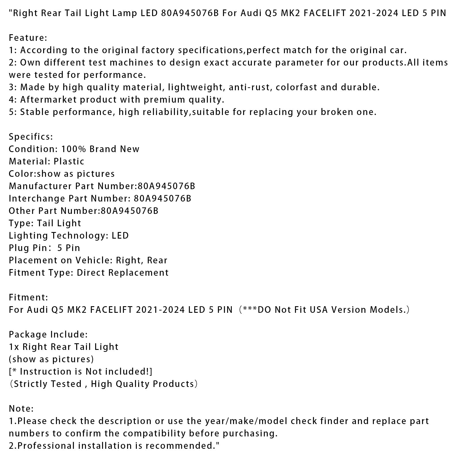 Right Rear Tail Light Lamp LED For Audi Q5 MK2 FACELIFT 2021-2024 LED 5 PIN