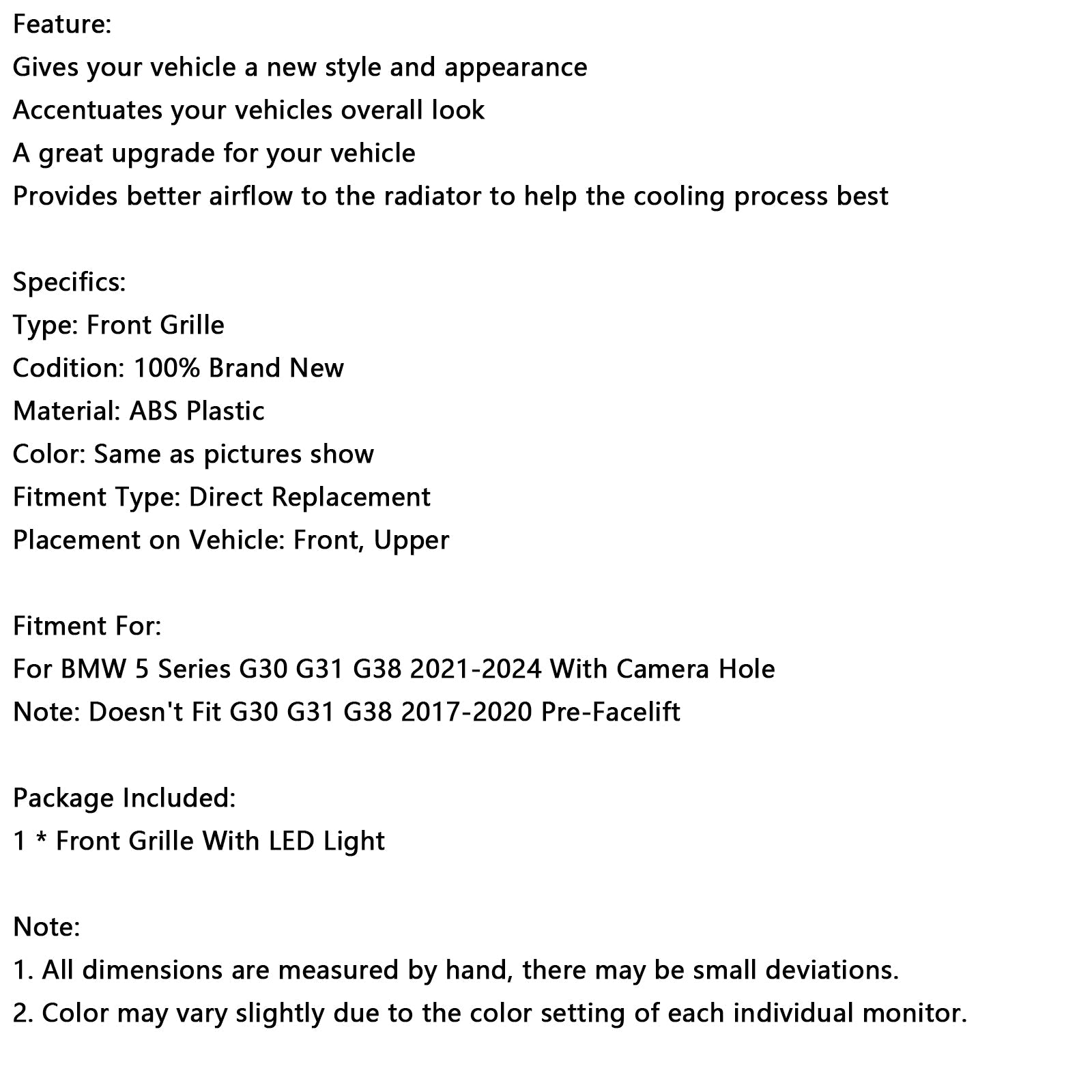 Double Slat Front Kidney Grille Fit BMW 5 Series G30 G38 2021-2024 Gloss Black