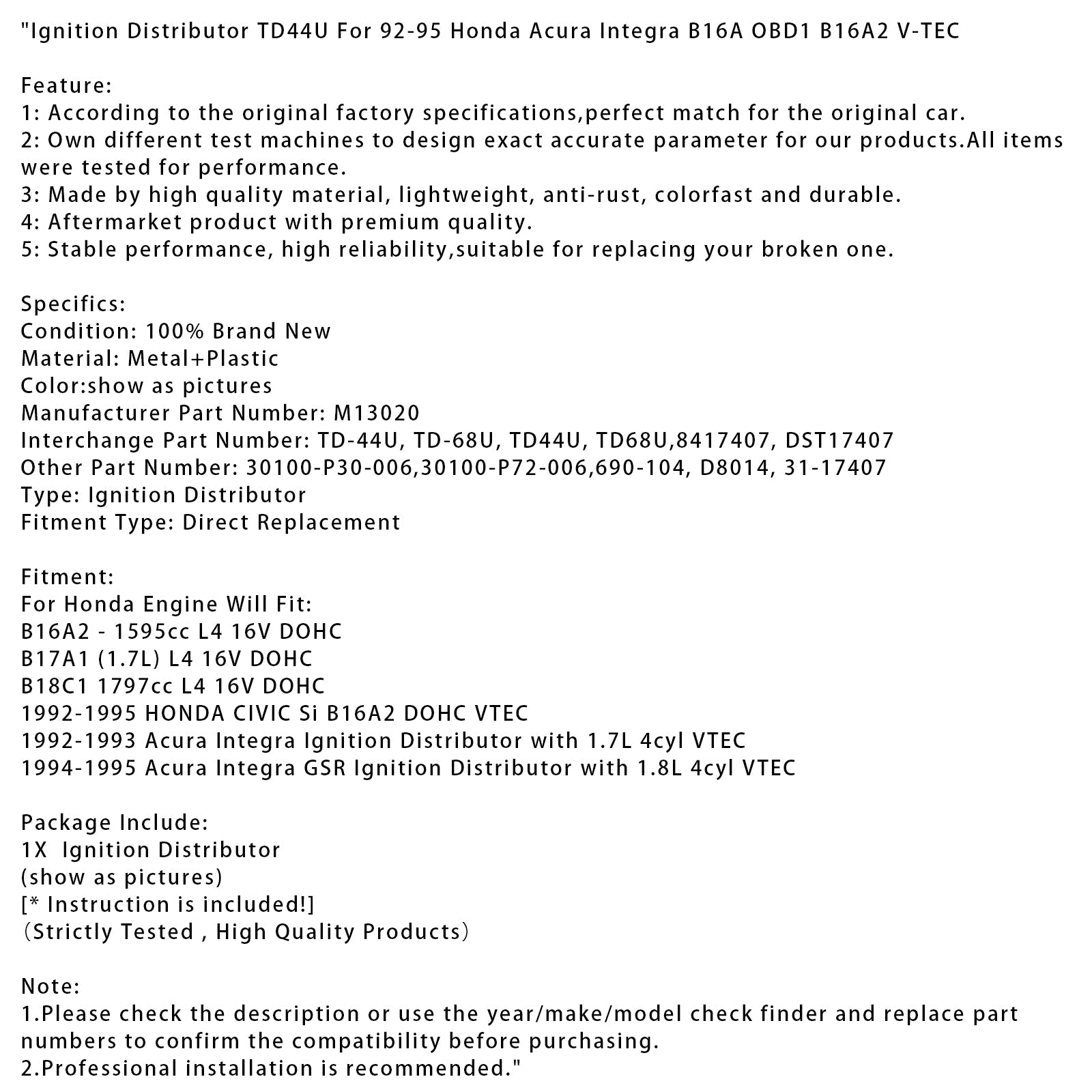 1992-1993 Acura Integra Ignition Distributor TD44U B16A OBD1 B16A2 V-TEC