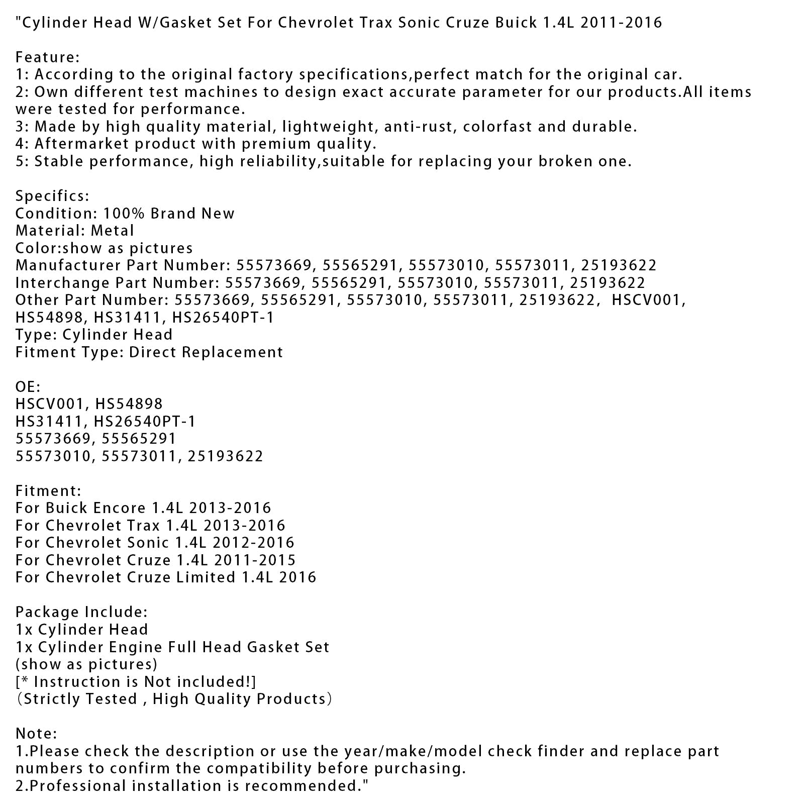 2013-2016 Chevrolet Trax 1.4L Cylinder Head W/Gasket Set 55573669 HS26540PT-1