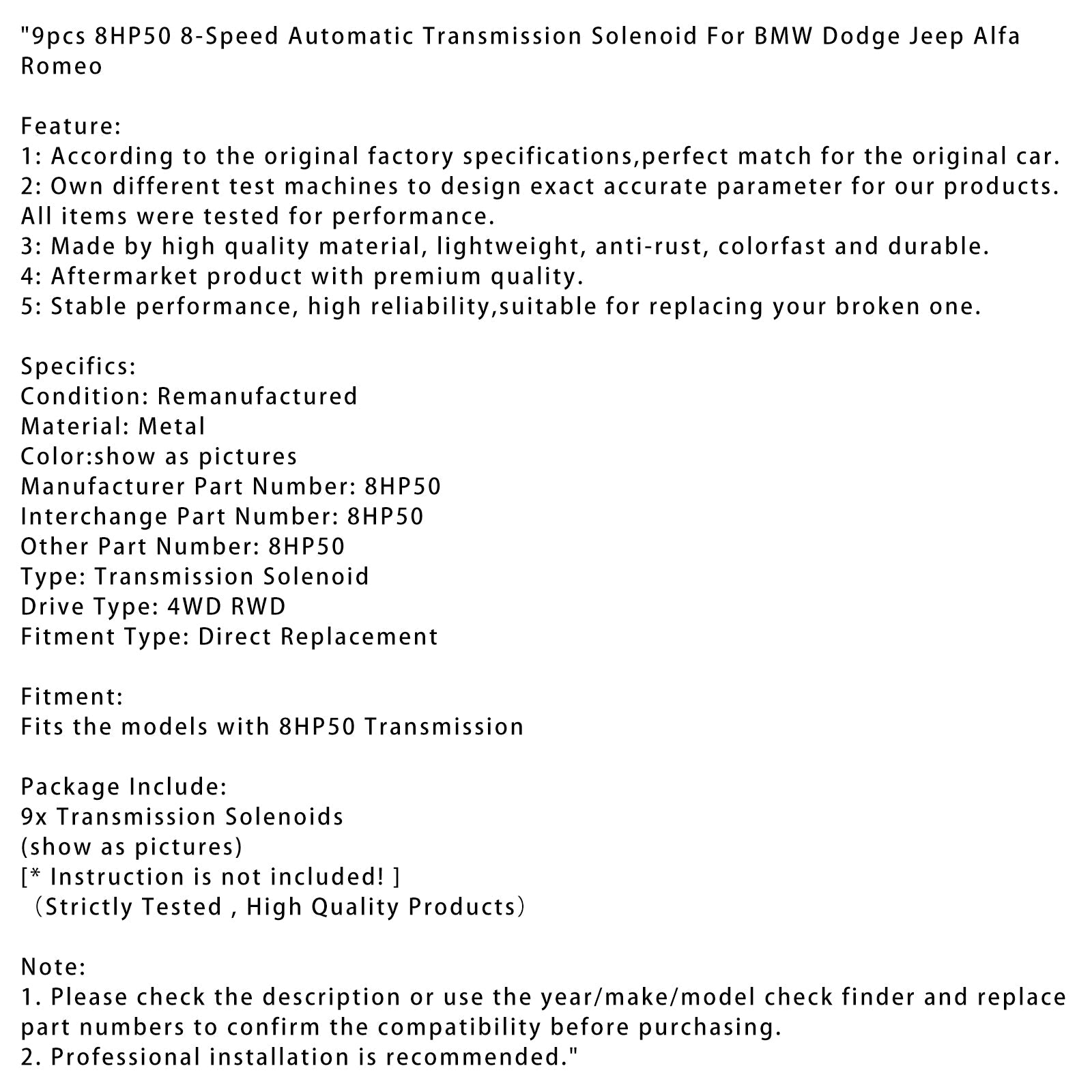BMW Dodge Jeep Alfa Romeo용 8HP50 8단 자동 변속기 솔레노이드 9개