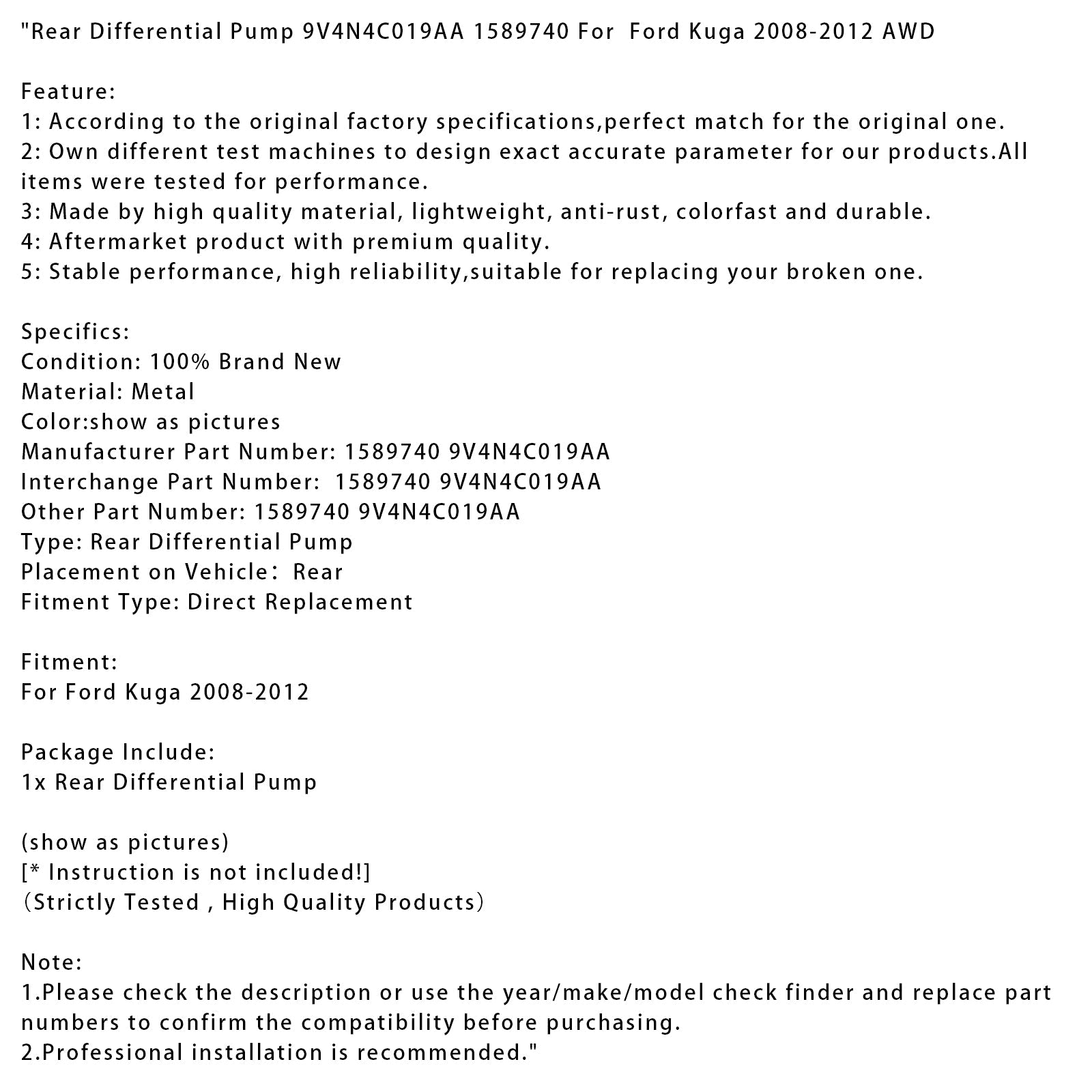2008-2012 Ford Kuga AWD Rear Differential Pump 9V4N4C019AA 1589740
