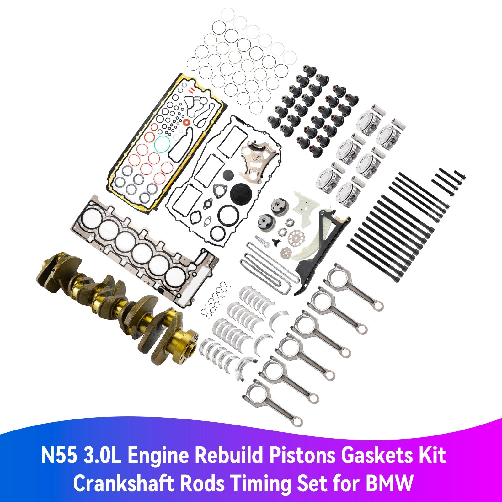 2011-2015 BMW 740i / 740Li F01 F02 N55 3.0L Engine Rebuild Pistons Gaskets Kit Crankshaft Rods Timing Set 11212163665