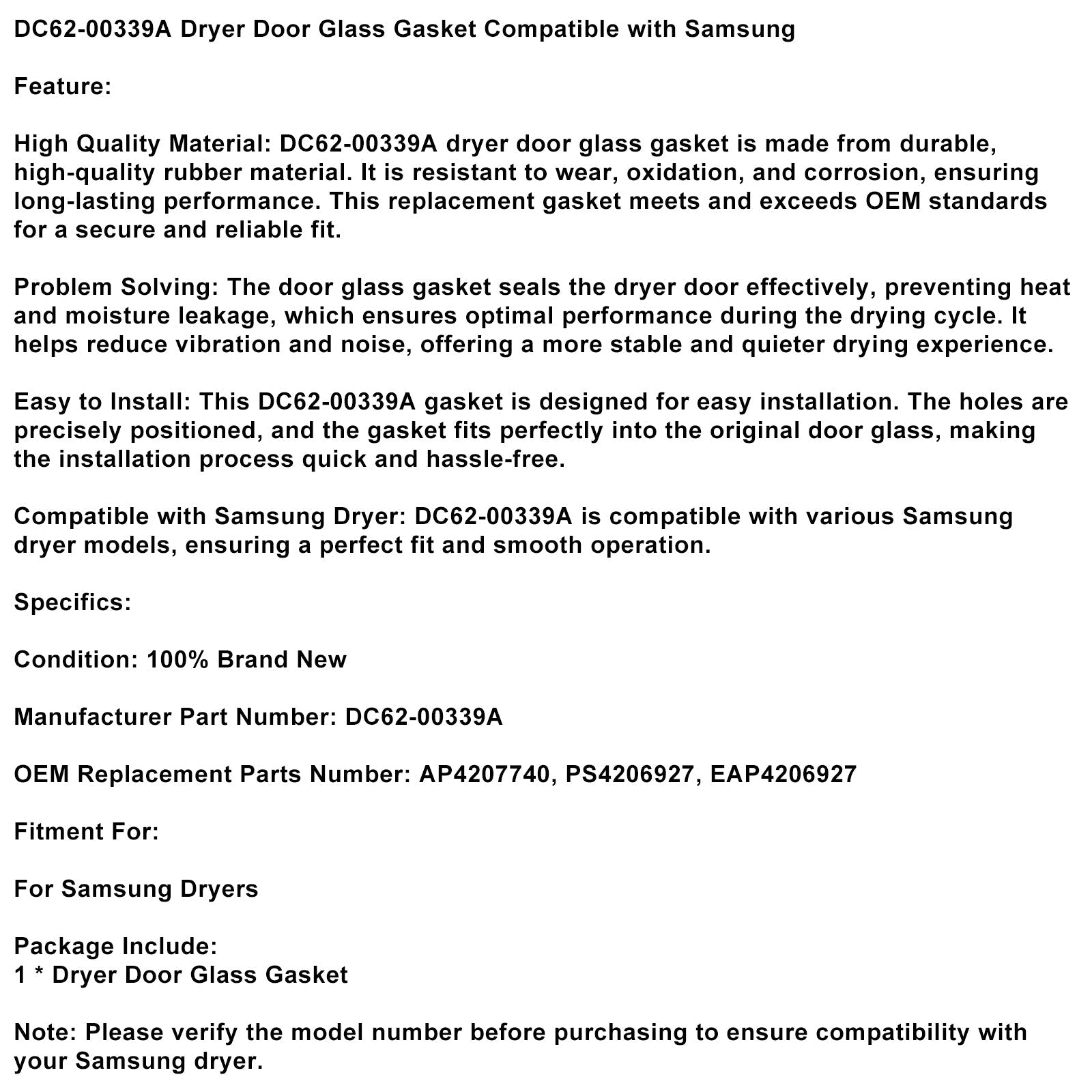 Dryer Door Glass Gasket DC62-00339A Compatible with Samsung