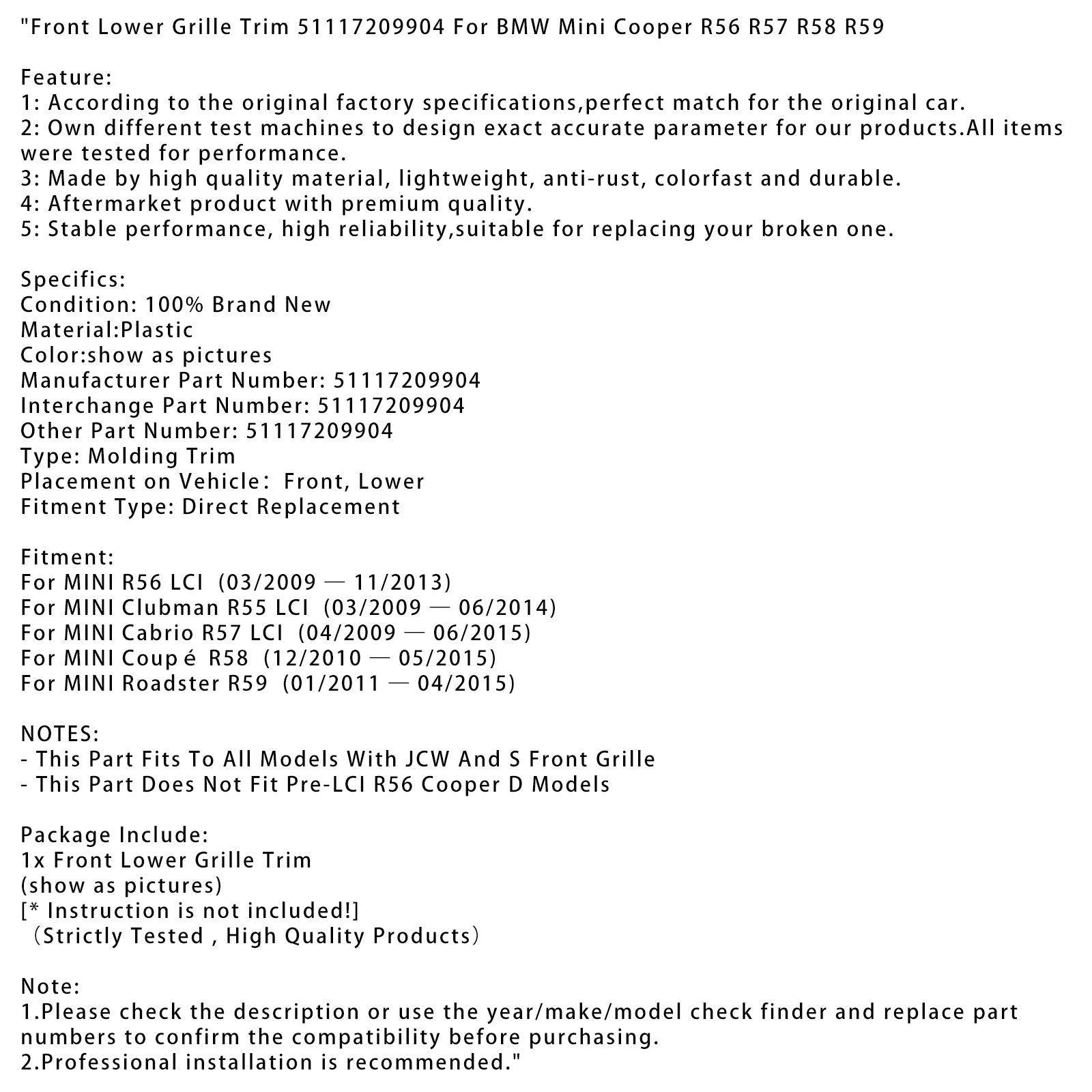Front Lower Grille Trim 51117209904 For BMW Mini Cooper R56 R57 R58 R59