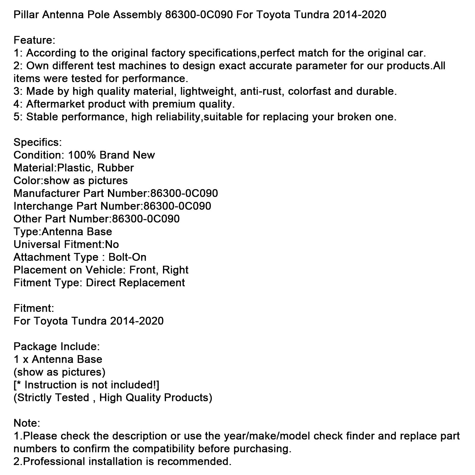 2014-2020 Toyota Tundra Pillar Antenna Pole Assembly 86300-0C090
