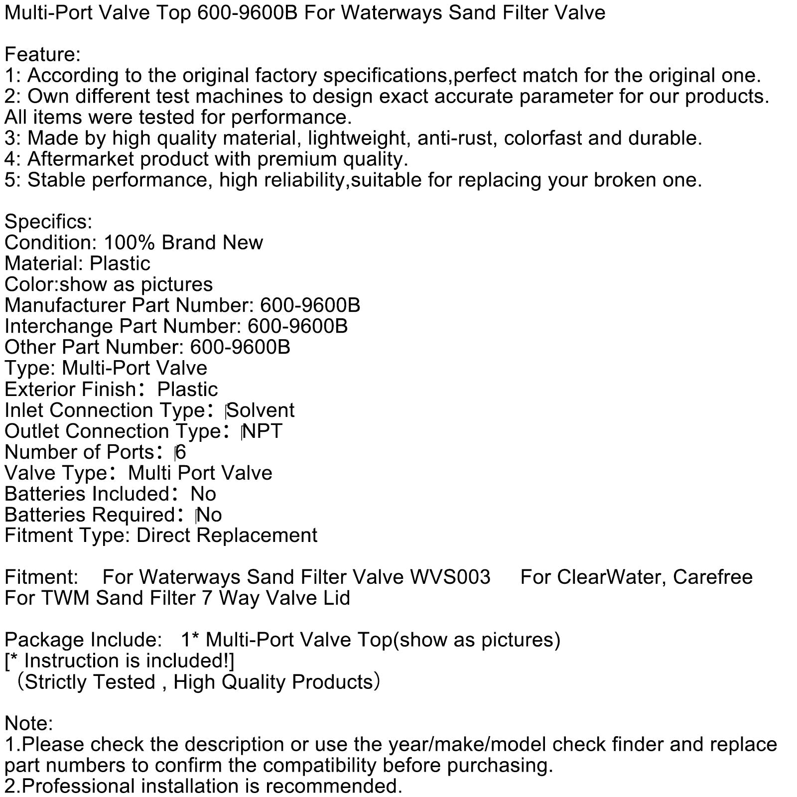 Multi-Port Valve Top 600-9600B For Waterways Sand Filter Valve