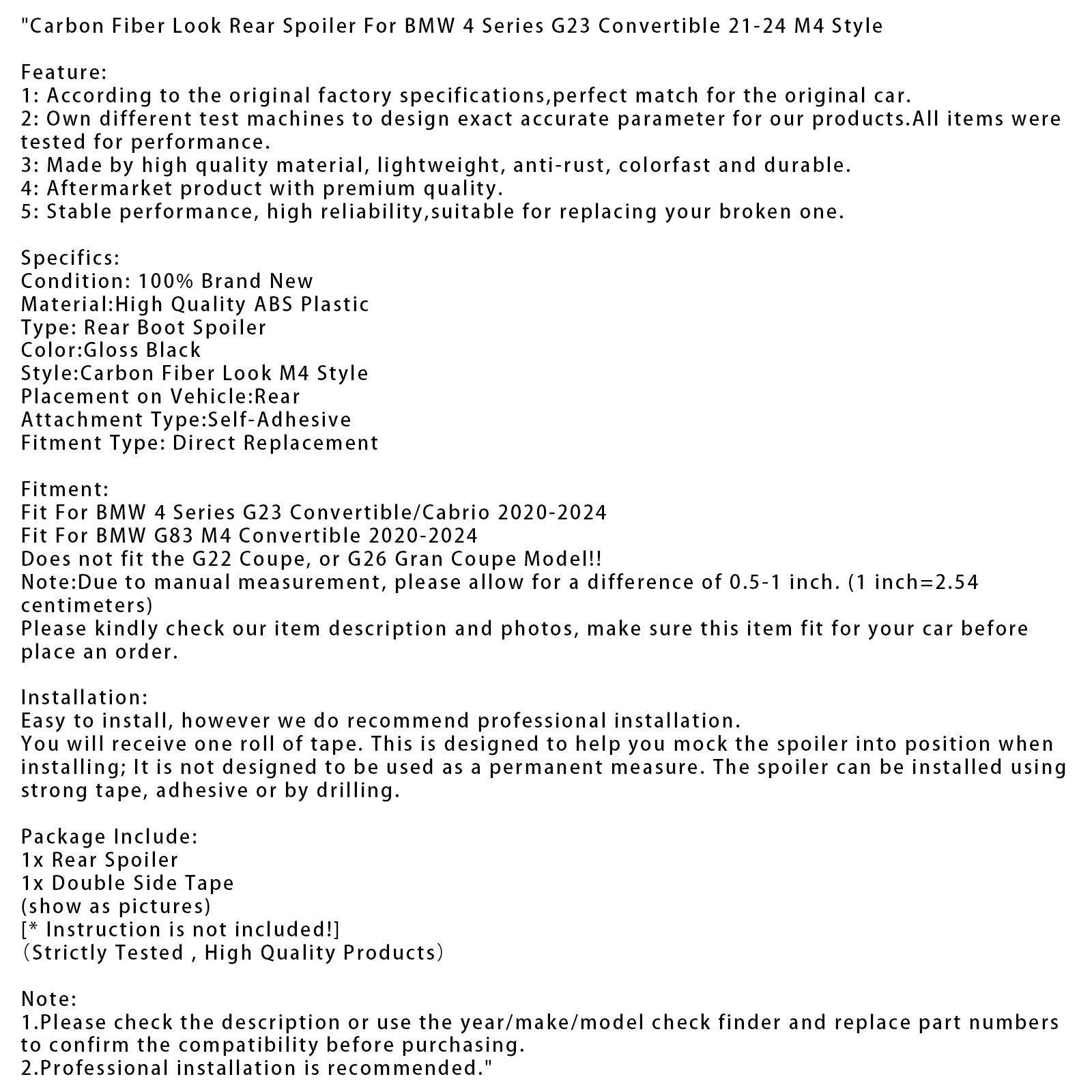 Carbon Fiber Look Rear Spoiler For BMW 4 Series G23 Convertible 21-24 M4 Style