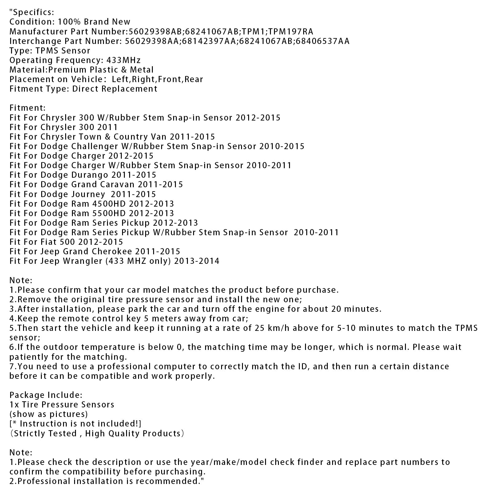 1X TPMS Tire Pressure Sensor For Dodge Jeep Chrysler RAM 56029398AB