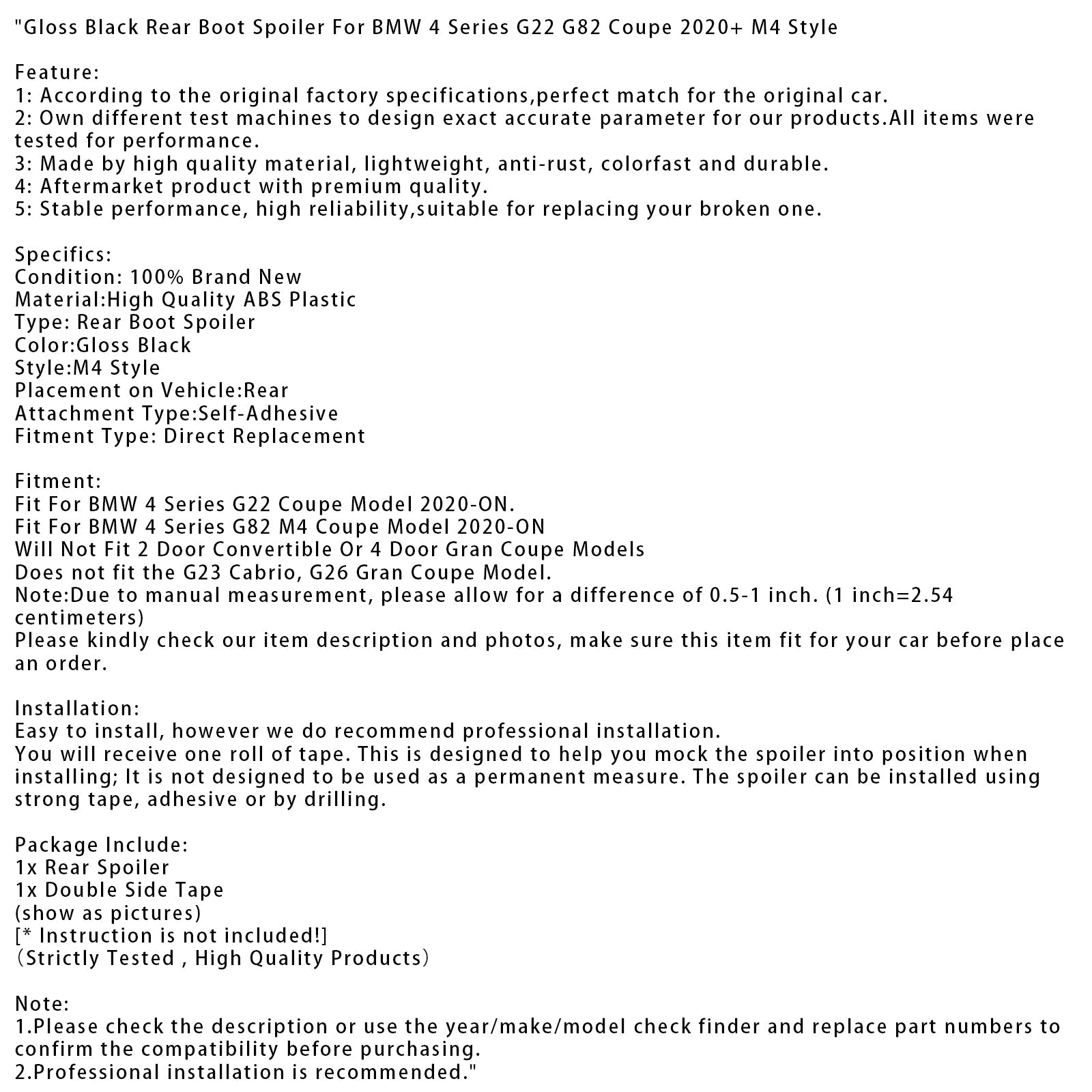 2020-ON BMW 4 Series G82 M4 Coupe Model Gloss Black Rear Boot Spoiler