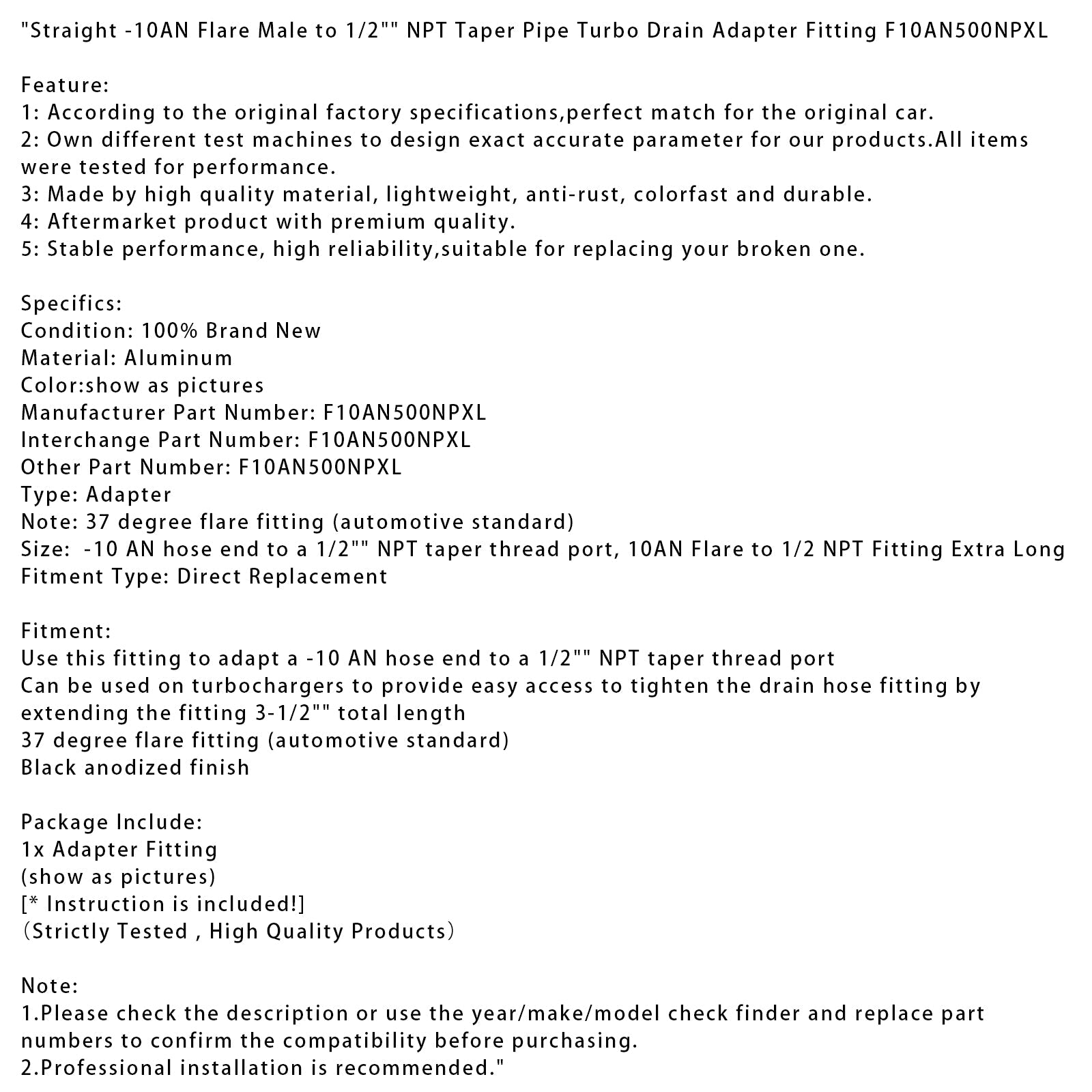 Straight -10AN Flare Male to 1/2" NPT Taper Pipe Turbo Drain Adapter Fitting