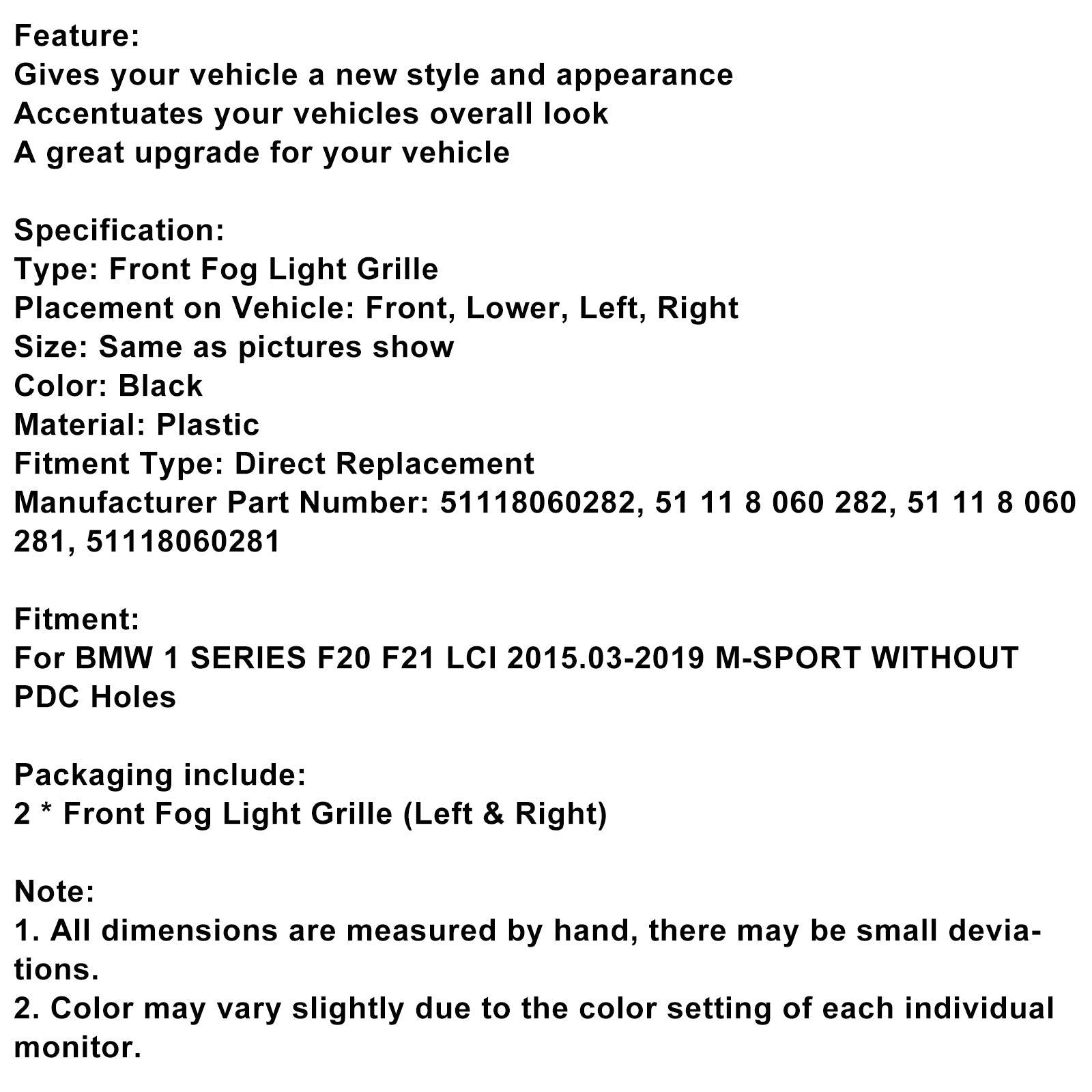 2015-2019 BMW 1 Series F20 F21 LCI M-Sport 2PCS Fog Light Cover Grille