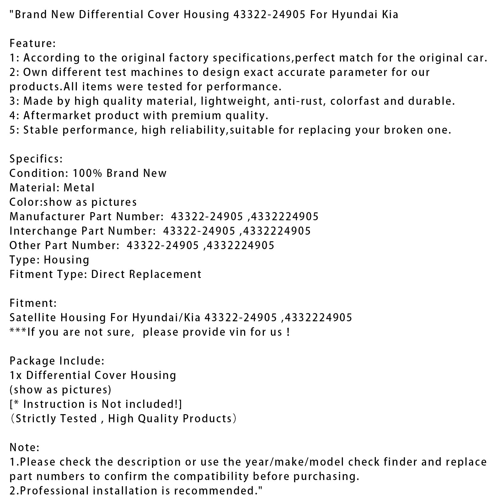 Brand New Differential Cover Housing 43322-24905 For Hyundai Kia