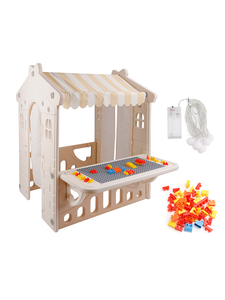 Kid Plastic Outdoor Playhouse With Light Strip And Building Blocks Toddler Toy