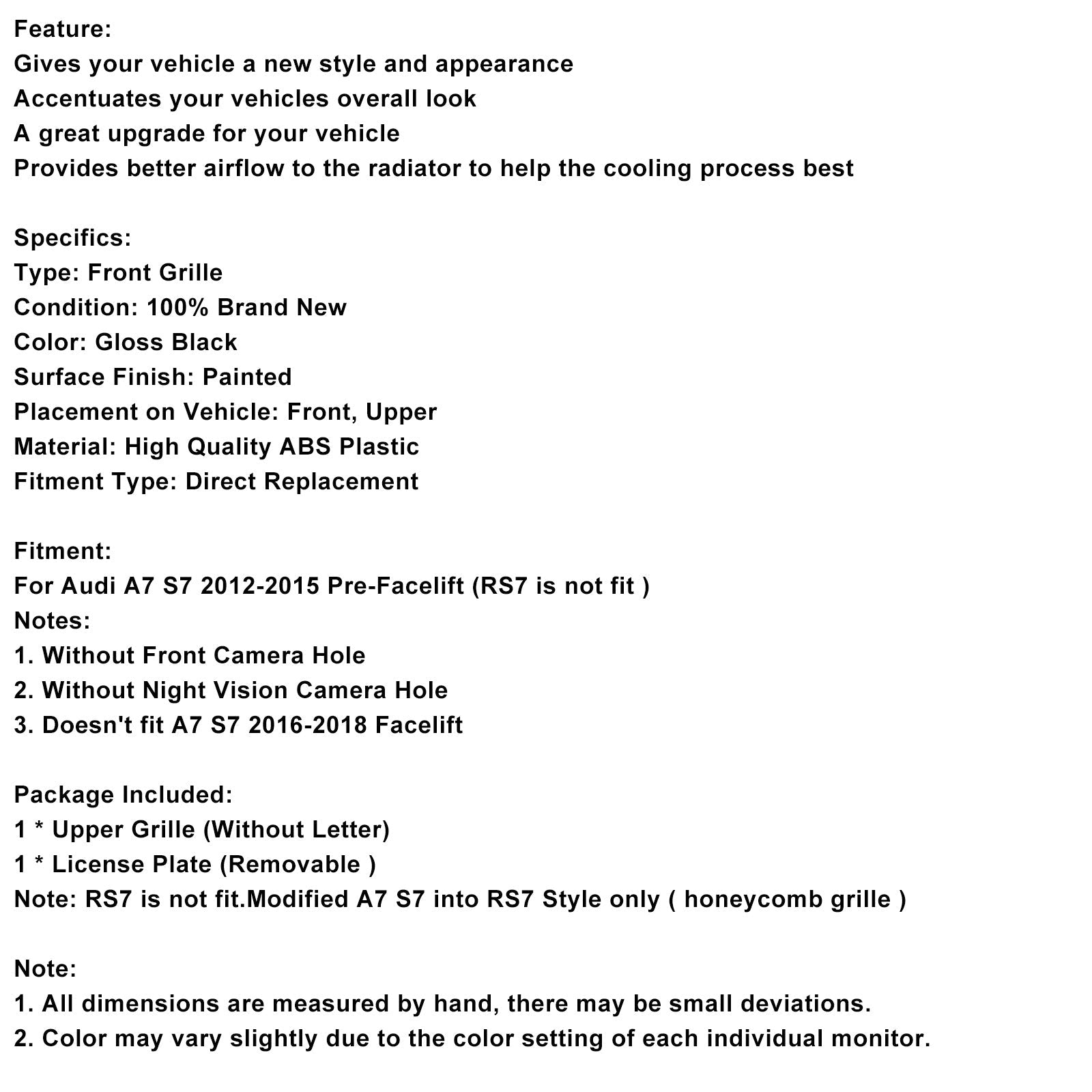 2012-2015 Audi A7/S7 RS7 Style Honeycomb Mesh Front Grill Grille Black