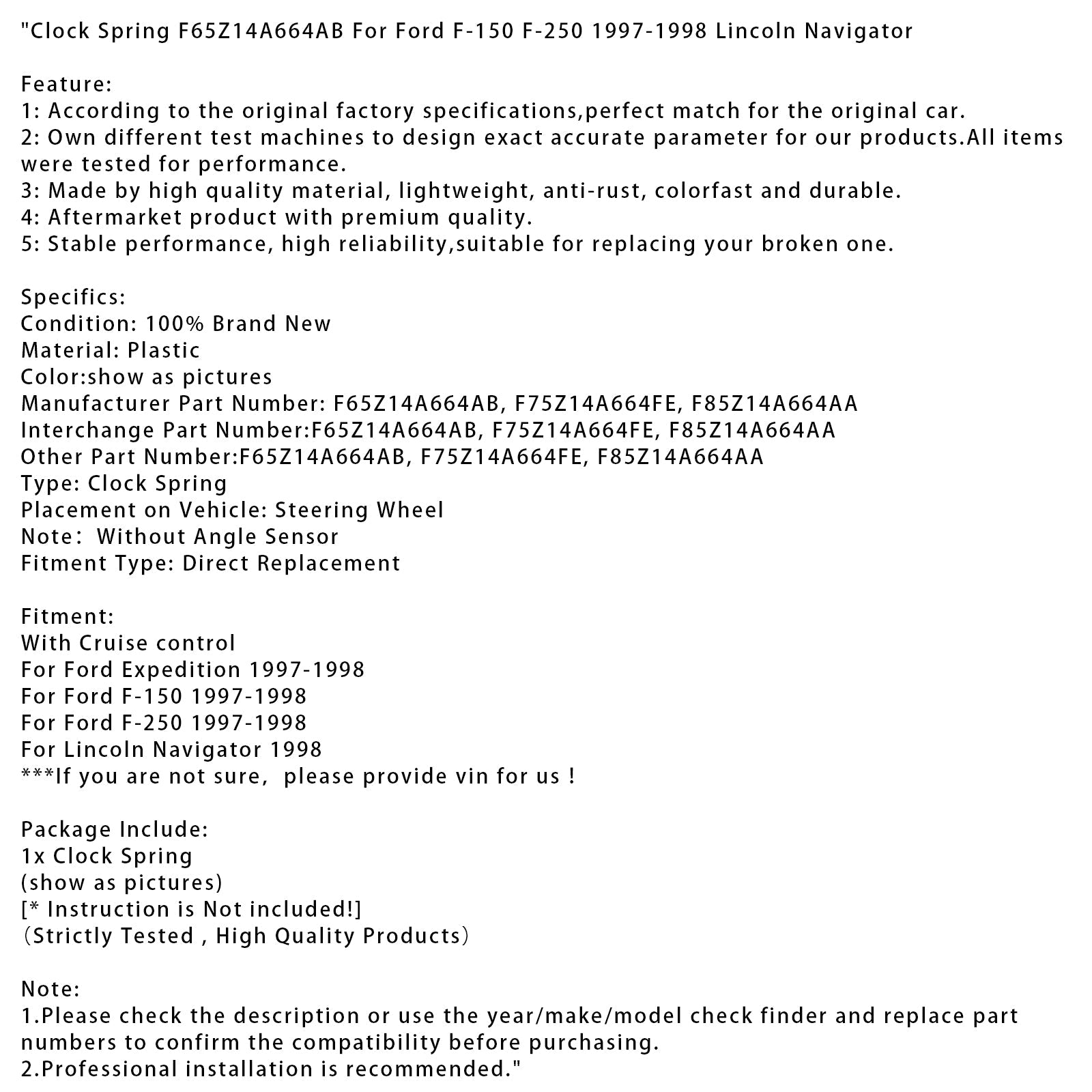 Clock Spring F65Z14A664AB For Ford F-150 F-250 1997-1998 Lincoln Navigator
