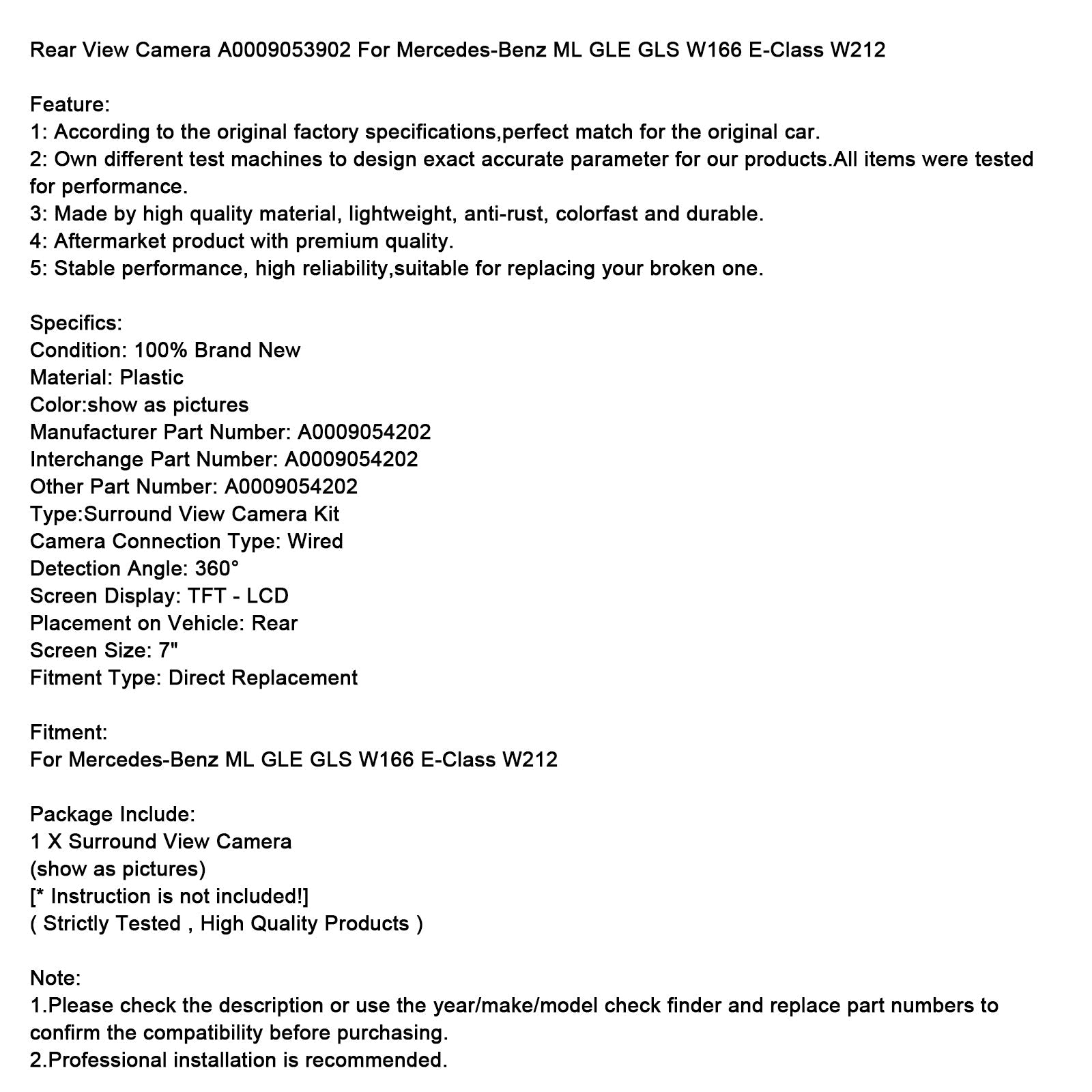 Rear View Camera A0009054202 For Mercedes-Benz ML GLE GLS W166 E-Class W212