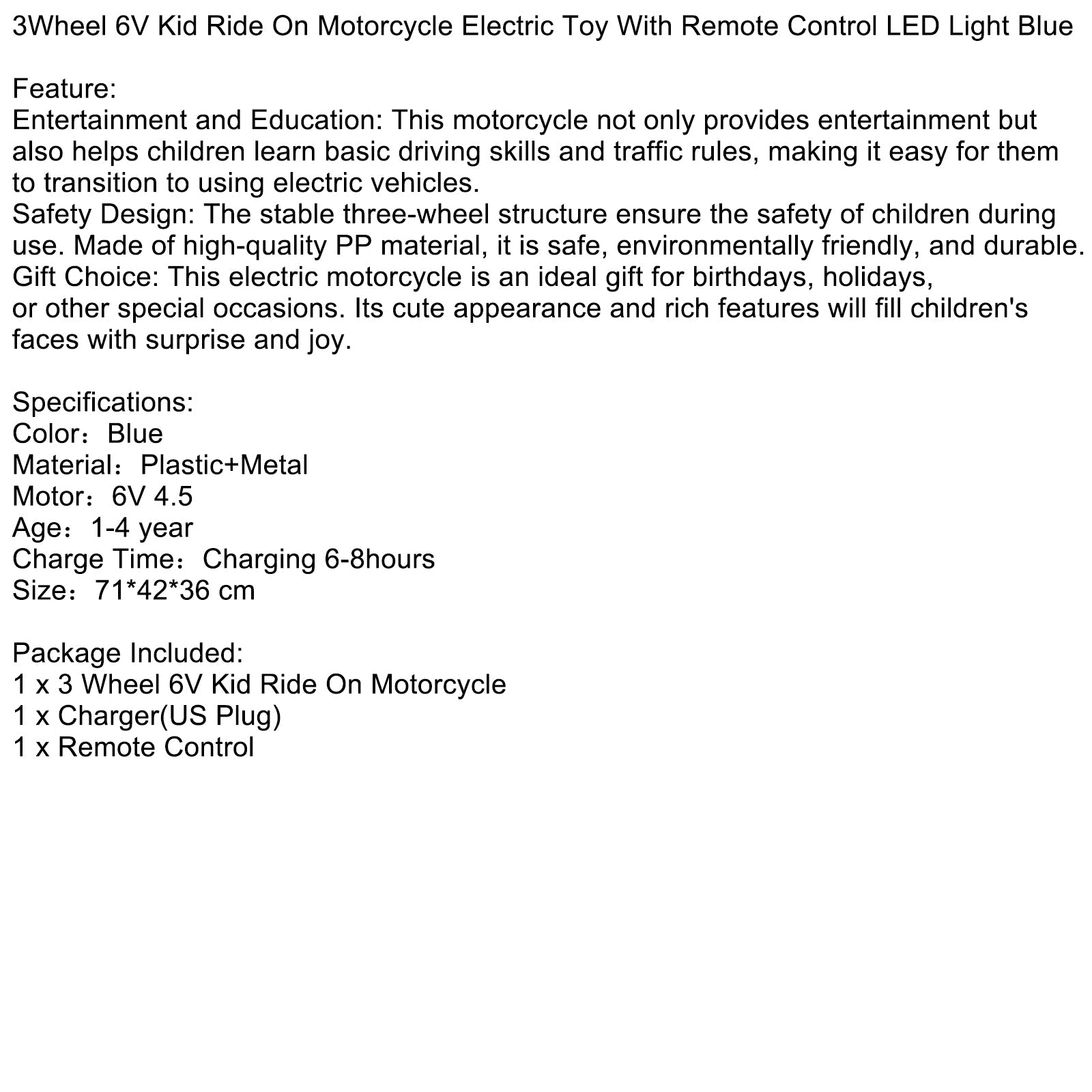 3Wheel 6V Kid Ride On Motorcycle Electric Toy With Remote Control LED Light Blue