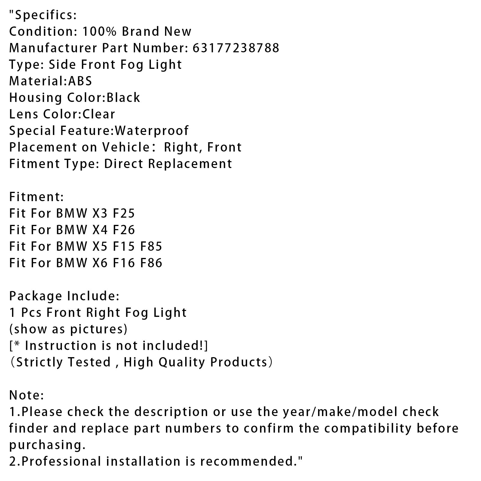 1 Pcs Front Right Fog Light Lamps Without Bulbs For BMW X3 X4 X5 X6 63177238788