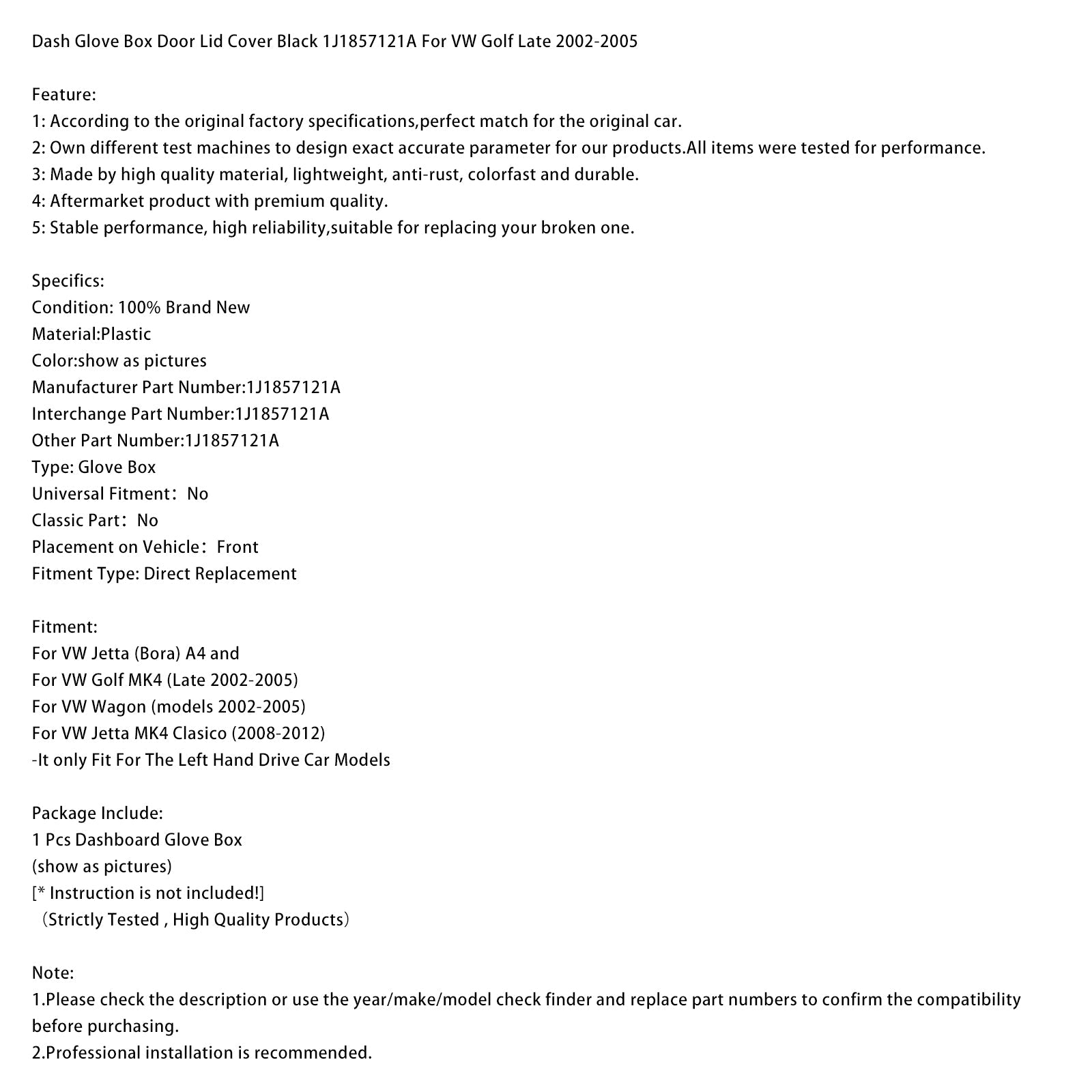 Dash Glove Box Door Lid Cover Black 1J1857121A For VW Golf Late 2002-2005