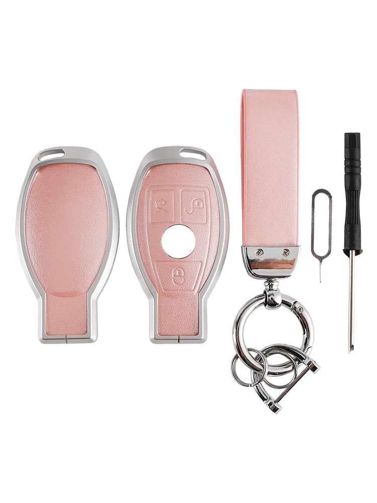 Benz GLC GLK CLS Leather Alloy Aluminum TPU Car Key Pink Case Cover
