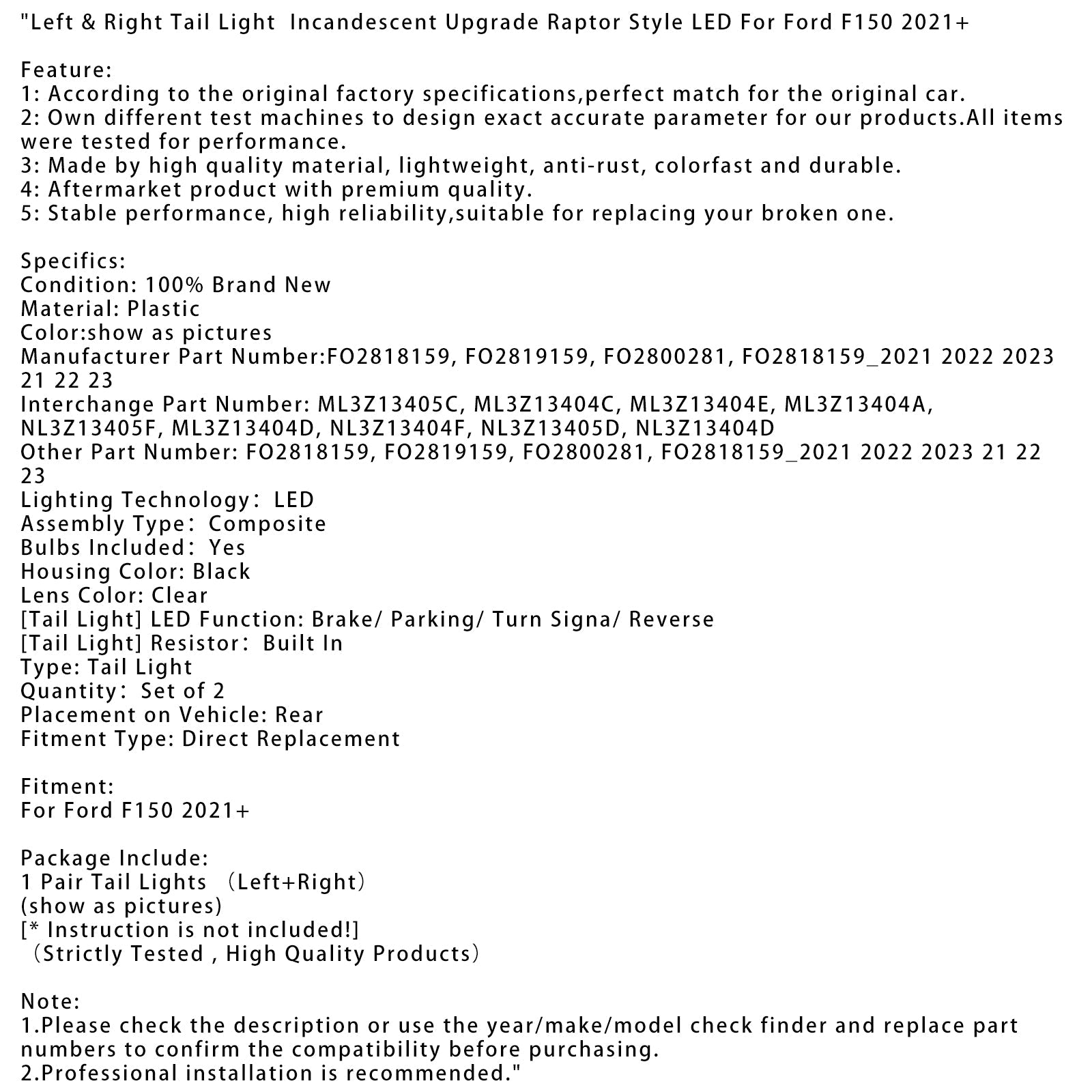 2021+ Ford F150 Left & Right Tail Light Incandescent Upgrade Raptor Style LED