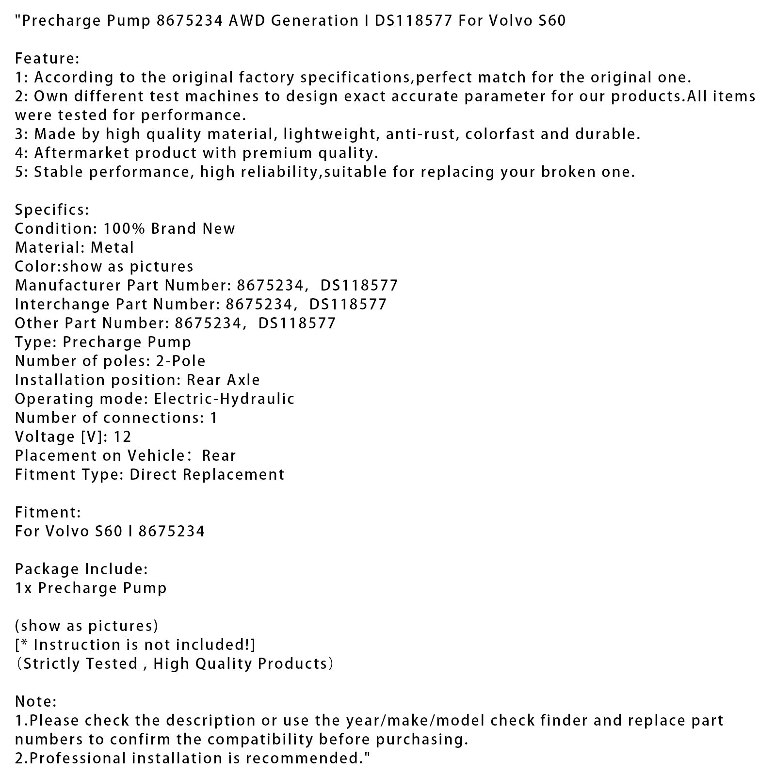 Volvo S60 Precharge Pump 8675234 AWD Generation I DS118577